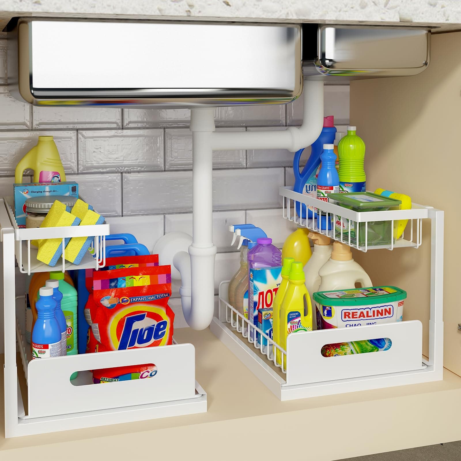 REALINN Under Sink Organizer, Pull Out Cabinet Organizer 2 Tier Slide Out Sink Shelf Cabinet Storage Shelves, Under Sink Storage for Kitchen Bathroom Cabinet, White, 2 Pack