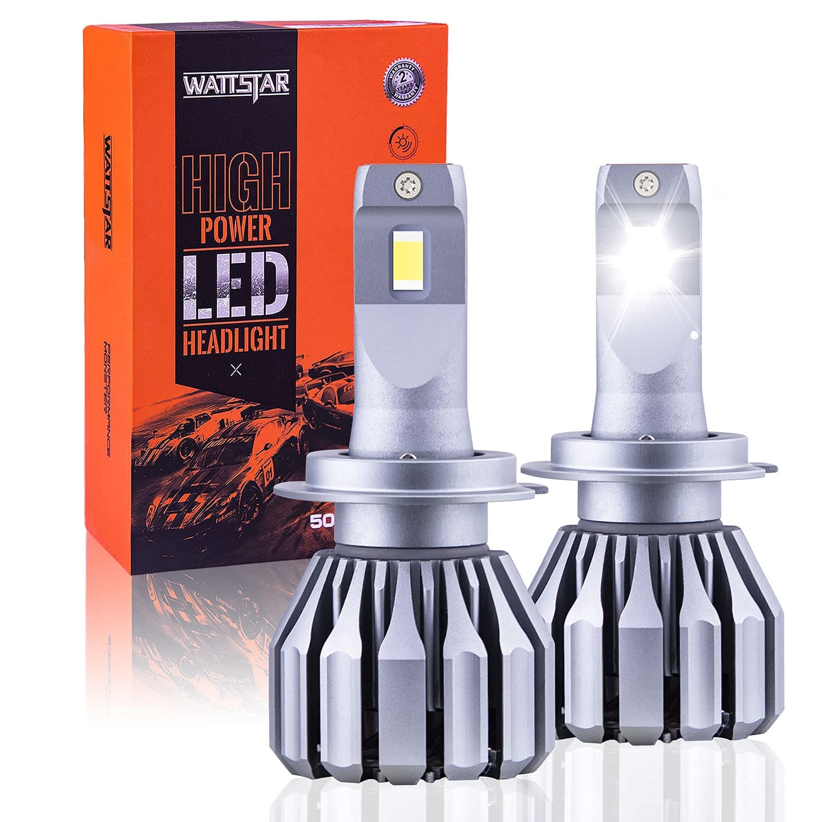 wattstar H7 LED Headlight Bulbs Conversion Kit, 64W Super Bright Hi/Lo Beam Headlamp with Fan, IP68 Flip Chip 9600LM 6500K White 2-Pack