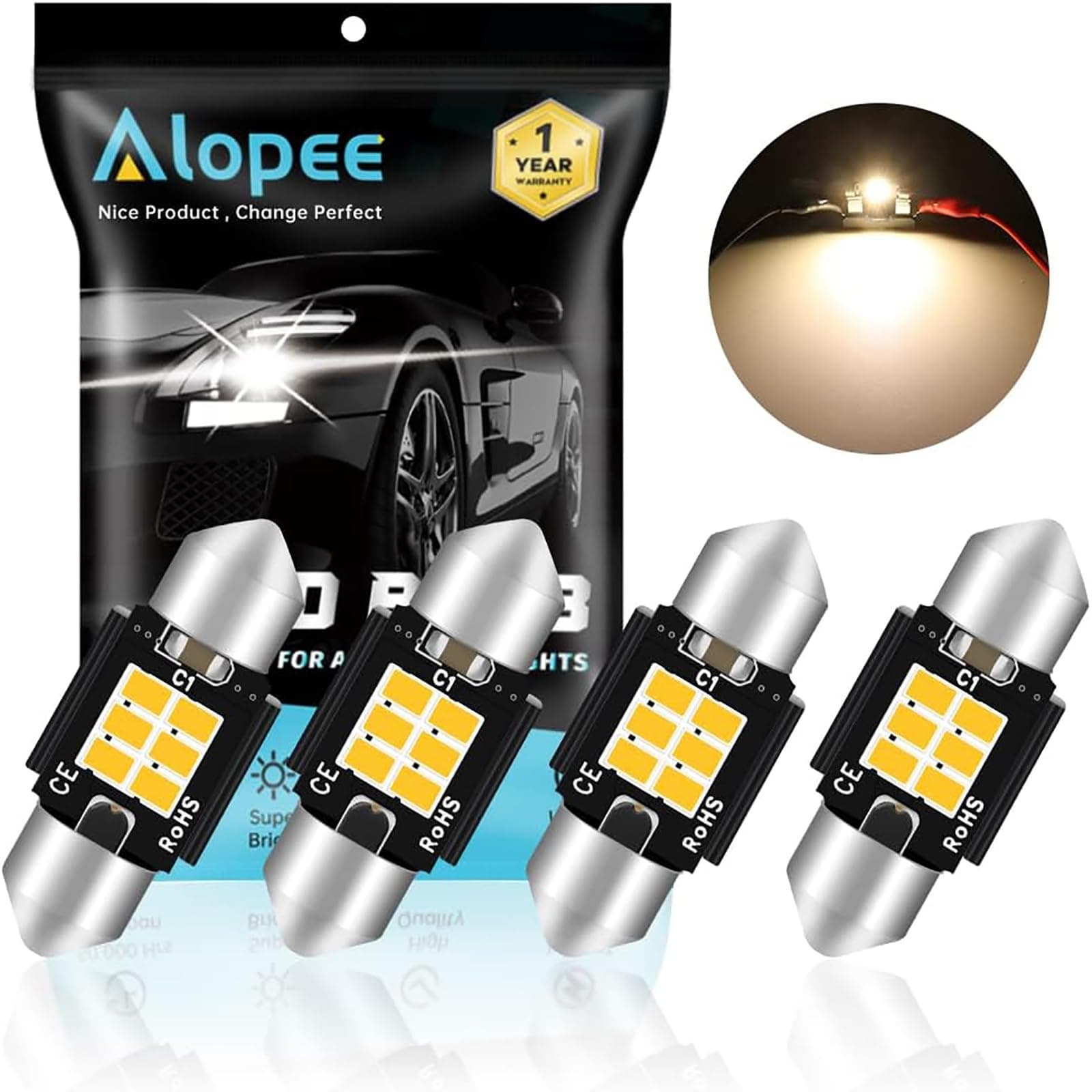 Alopee 4 Pack DE3022 Led Bulb 31mm Led Festoon Light DE3175 Warm White 6SMD 3020 Non-Polarity Canbus Error Free Dome Light for Car Map Door Trunk License Plate Lighting