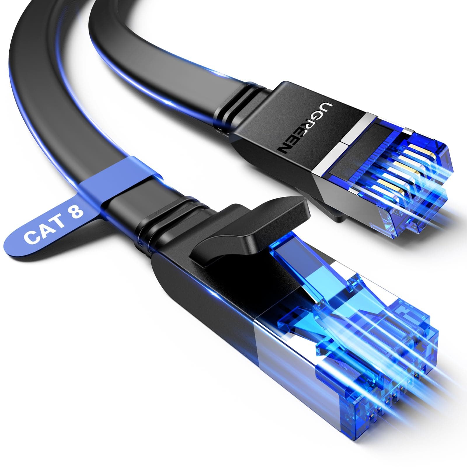 UGREEN Ethernet Cable 10FT, Cat 8 Ethernet Cable with 40Gbps 2000Mhz High Speed, Shielded Heavy Duty Flat Internet Cable Compatible for Gaming PC PS4/5/6 Xbox Modem Router, Include 20 Cable clipes