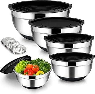 – 14-Pc Mixing Bowls With Airtight Lids | Stainless Steel Mixing Bowls Set With 3 Grater Attachments | 5 Sizes With Non-Slip Silicone Bottom, Fit As Baking Gift Or Kitchen Cereal Salad