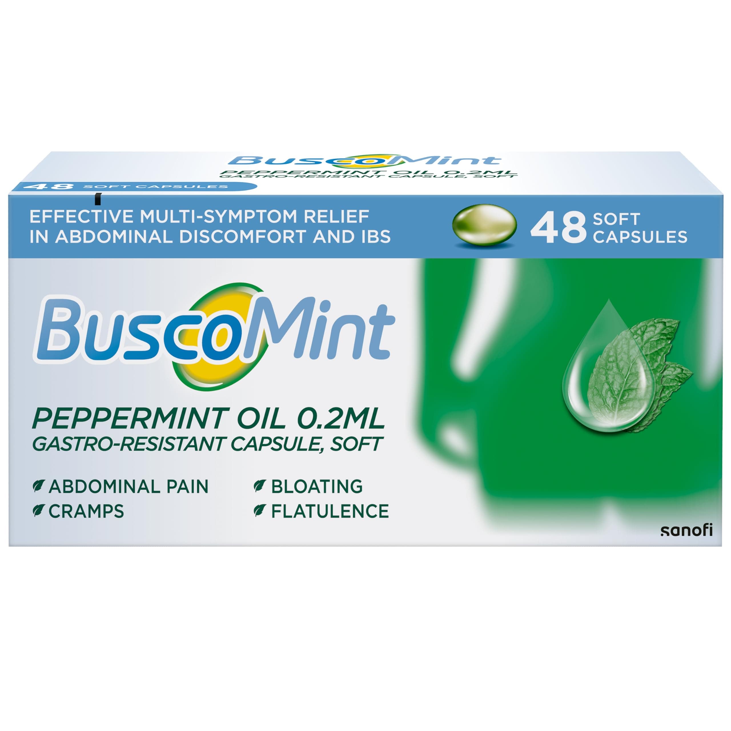 Buscomint 0.2 ml Peppermint Oil - IBS Multi-Symptom Treatment - Pack of 48 Soft Gel Capsules
