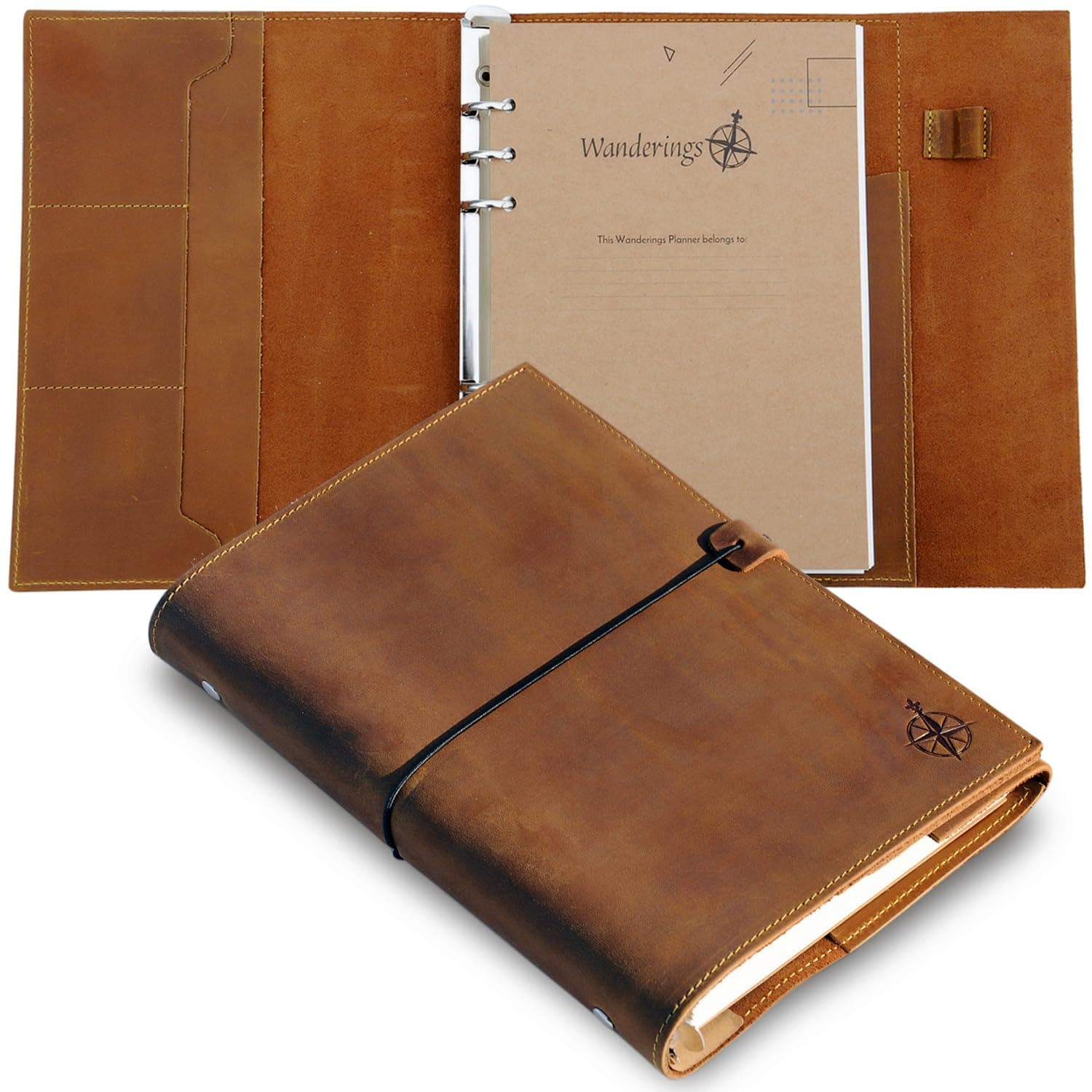 Wanderings A5 Leather Binder Planner - Refillable 6 Ring Journal with Inner Pockets - Hand-Crafted Genuine Leather Organizer- Filofax Compatible. 2026/27 Monthly Weekly Calendar with Notes -15 x 22cm