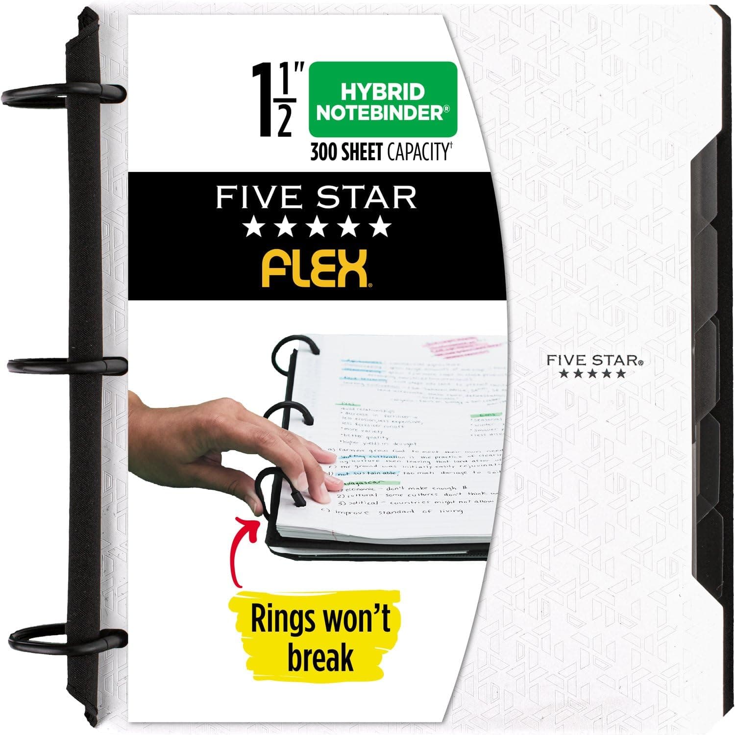 Five Star Flex Refillable Notebook + Study App, College Ruled Paper and 1-1/2 Inch TechLock Ring Binder with Pockets, Tabs and Dividers, 300 Sheet Capacity, White (29324AE2)