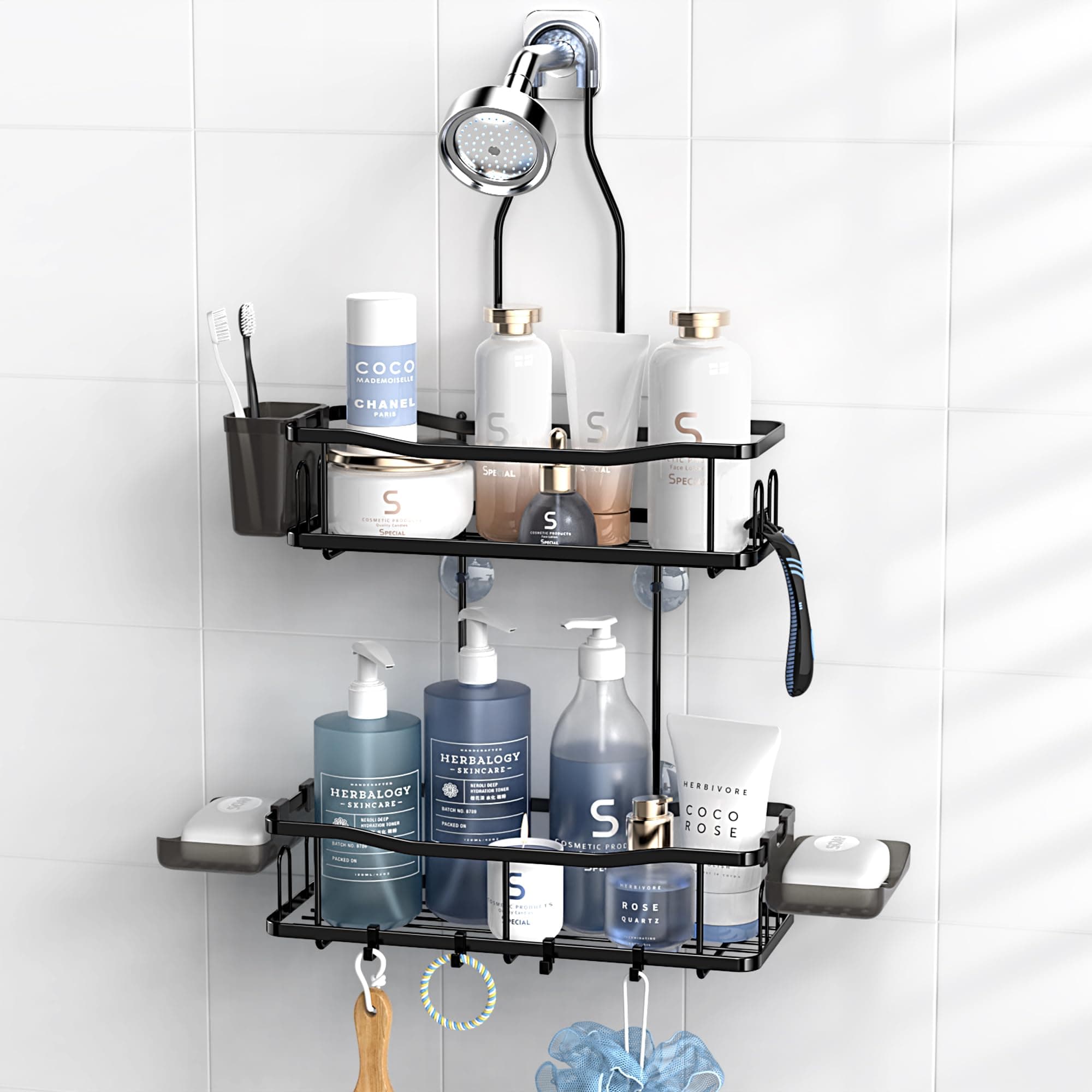 Hanging Shower Caddy Bathroom Organizer: Rustproof Shower Shelf Racks Over Shower Head - No Drilling Inside Bath Shower Rack Shelves Over Showerhead for Shampoo with Soap Holder
