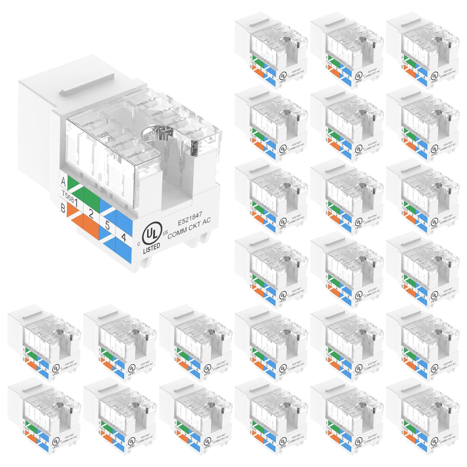 VCE UL Listed 10Gbps Cat6 Keystone Jack Insert 25-Pack, 90 Degree Punch Down RJ45 Keystone Jack Adapter Slim Profile for Patch Panel and Wall Plate