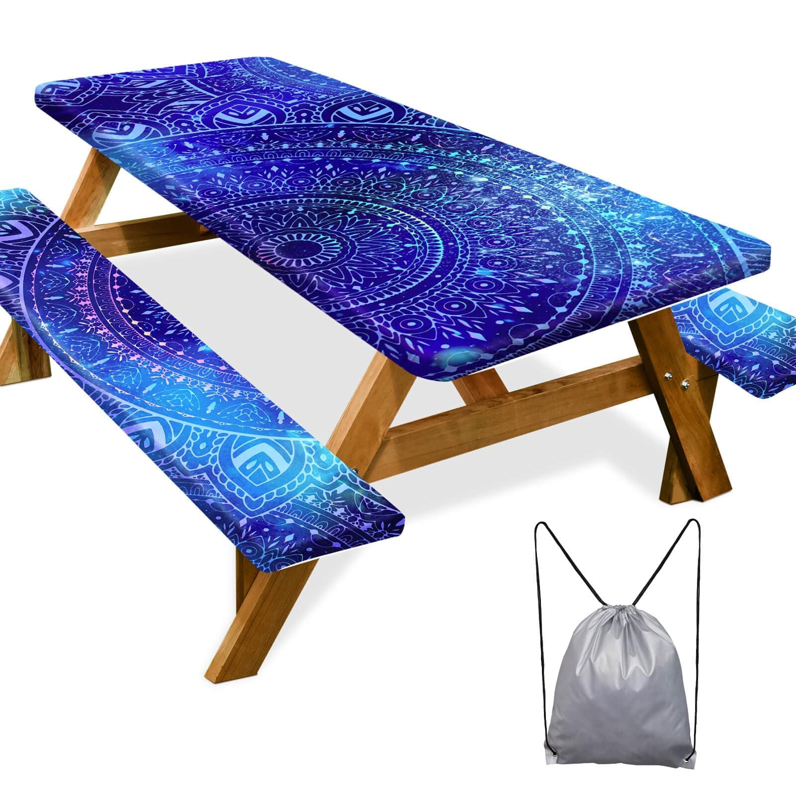 Picnic Table Cover with Bench Covers Camping Essentials Waterproof Windproof Camping Tablecloth with Drawstring Bag, Fitted Rectangle Tables and Seats, 72in, Blue Purple