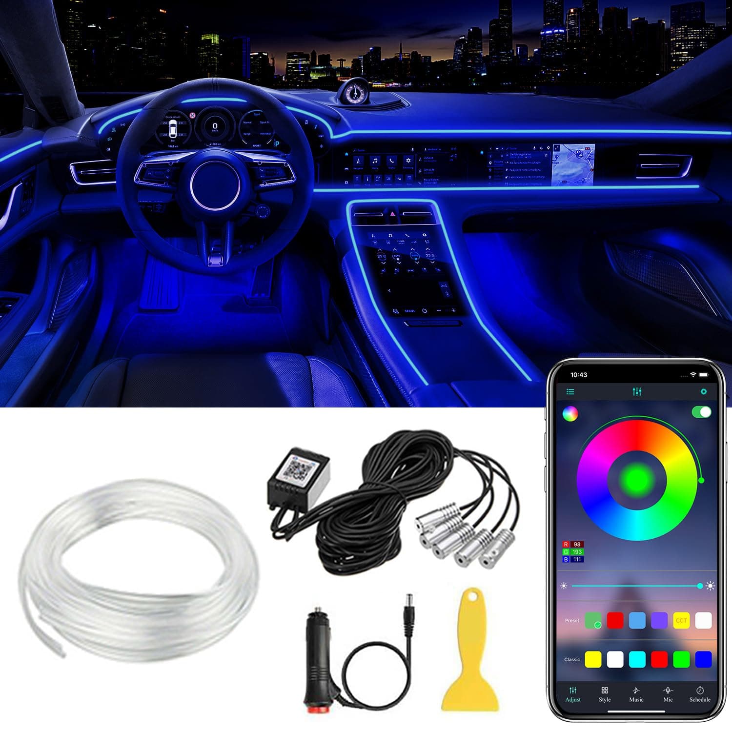 Car Interior LED Strip Lights App Control 5 in 1 RGB 16 Million Colors Ambient Lighting Kit with 236 Inch Fiber Optic Interior Music Mode