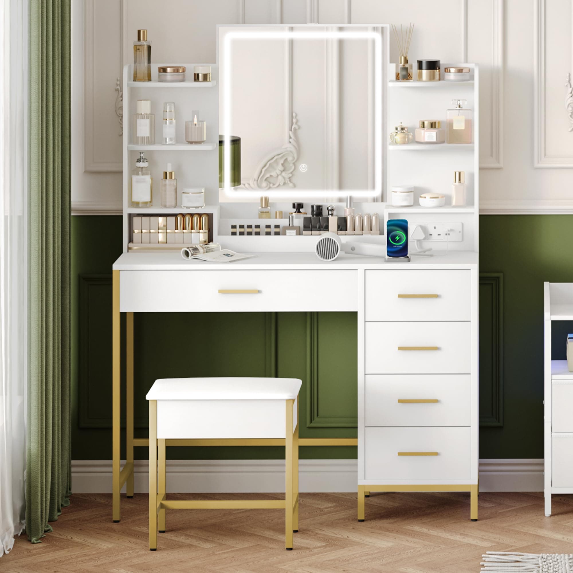 Hzuaneri Dressing Table, Vanity Desk with Soft Stool, HD Mirror and Adjustable LED Lights, Makeup Table with Socket and USB, 5 Drawers, Open Storage Compartment, Modern Style, White-Gold, DT351HDTUK