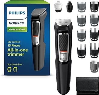 Philips Multigroom 3000 Series, All-in-One Shaver, Beard Trimmer and Hair Clipper, 15-Piece Men's Grooming Kit for Beard, Face, Nose, Ears, Head, No Blade Oil Needed, Storage Pouch, MG3770/40