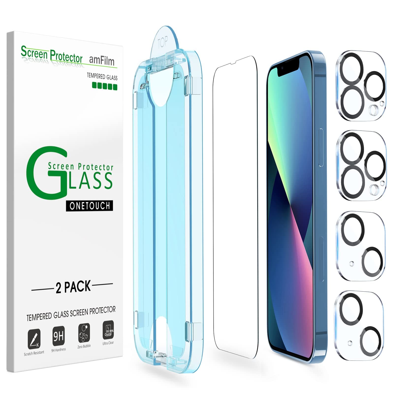 amFilm Screen Protector OneTouch Compatible with iPhone 13, iPhone 13 Pro (6.1", 2021) Tempered Glass and Camera Lens Protector, Edge to Edge Full Coverage Easy Installation Kit, Plastic, 2+2 Pack
