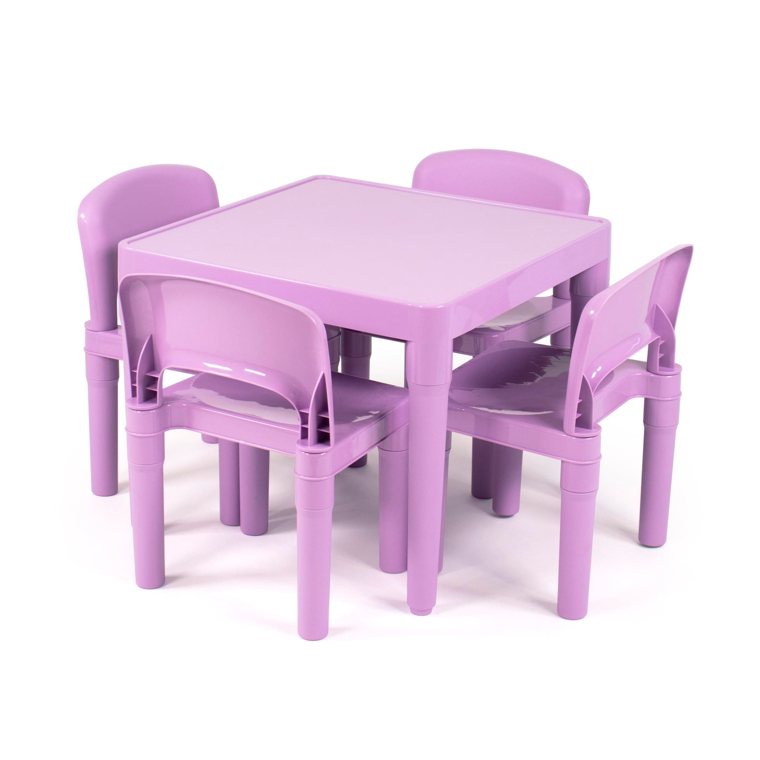 Kids Plastic Table and 4 Chairs Set, Purple Square Table with Lightweight Chairs, Toddler Playroom Activity Furniture for Ages 3-6, Easy Snap-Together Assembly