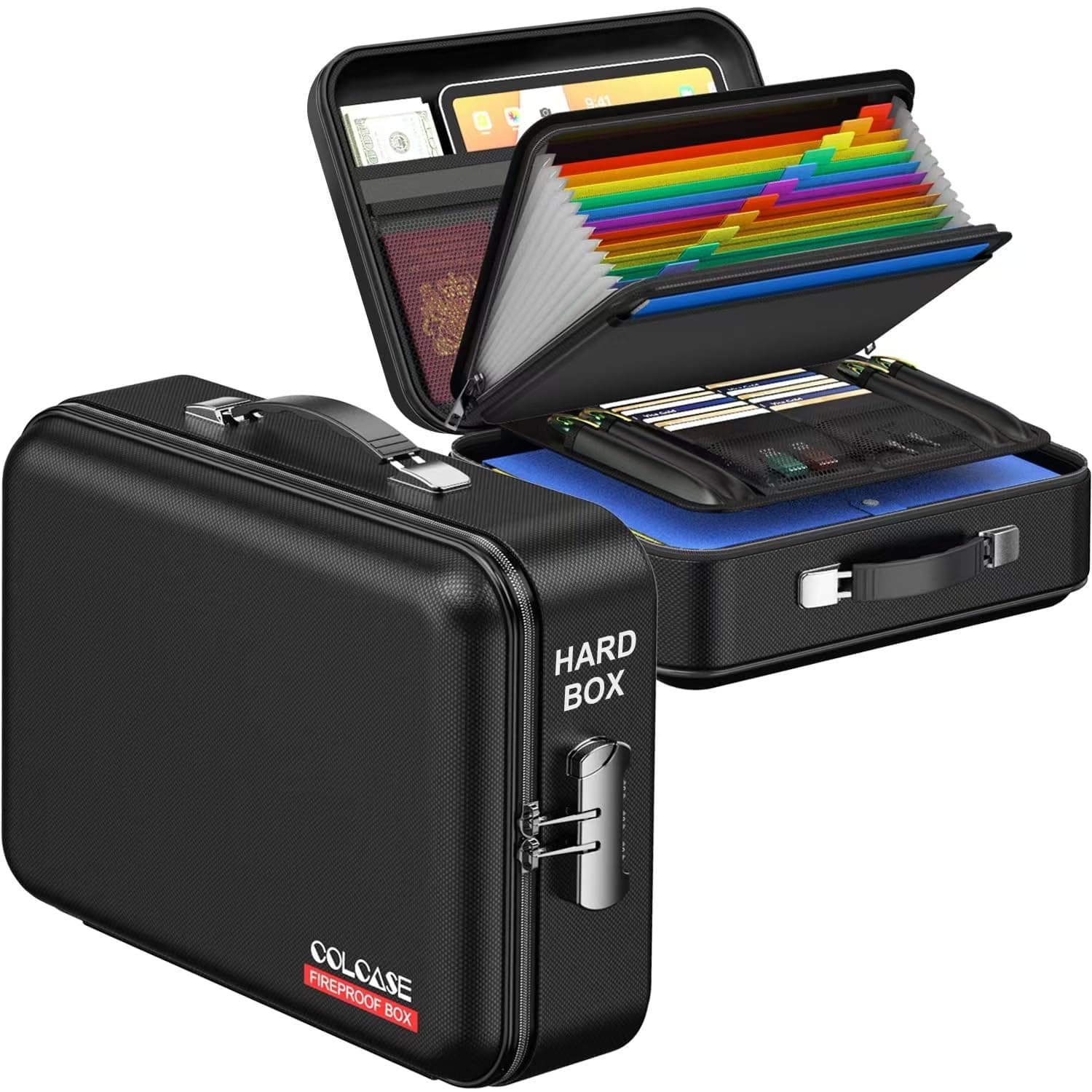 COLCASE Fireproof Document Box, Hard Case Fireproof File Organizer with Lock Hard-Shell Design Fireproof Water Resistant Safe Box for Important Documents Certificates Laptop Passports Black
