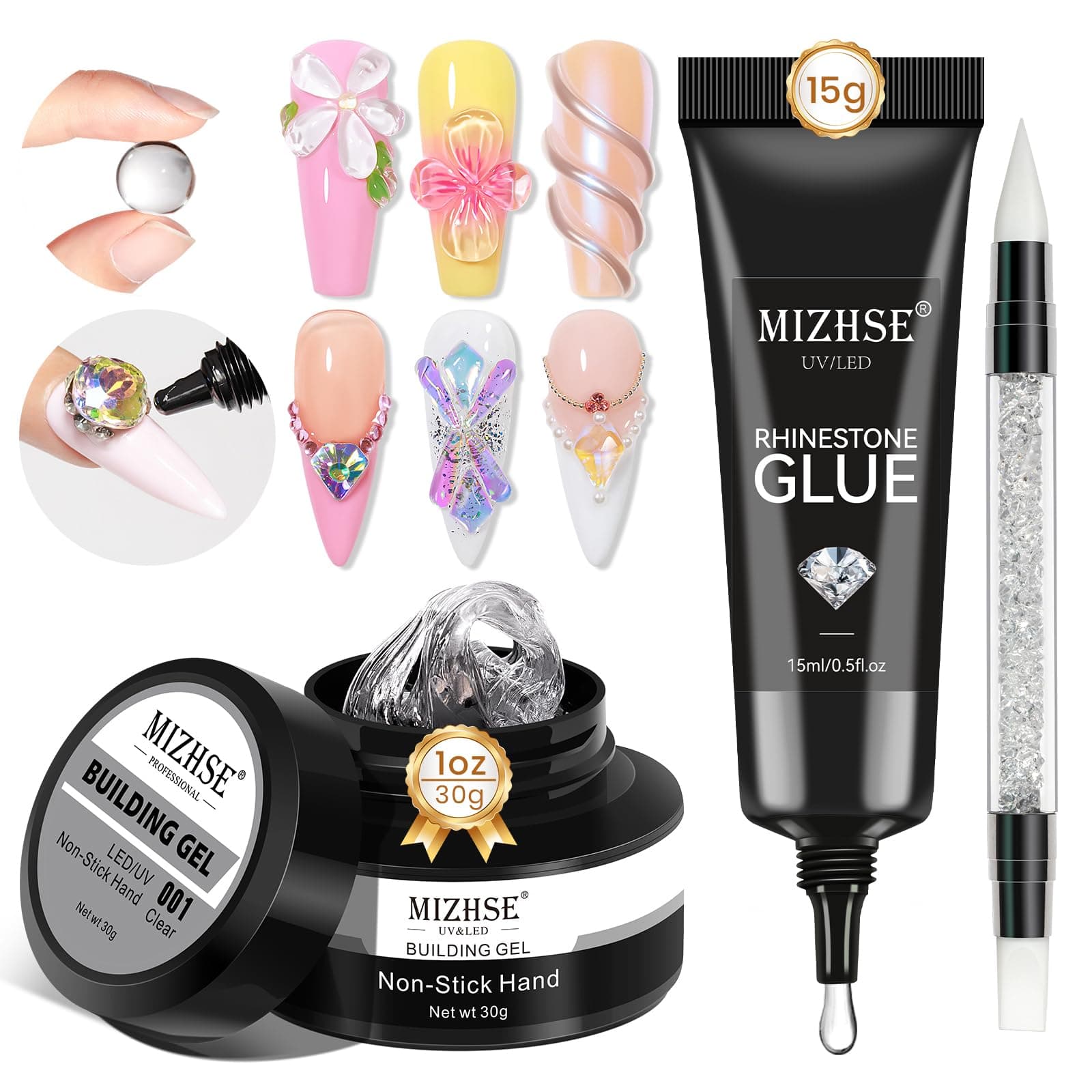 MIZHSE 30g 3D Gel Nail Art Sculpting Gel and 15g Rhinestone Glue, Clear Solid Builder Gel for Nails Hard Nail Builder Gel 3D Molding Gels Non-Sticky U V LED Nails Charm Glue 3D Art Salon Home DIY