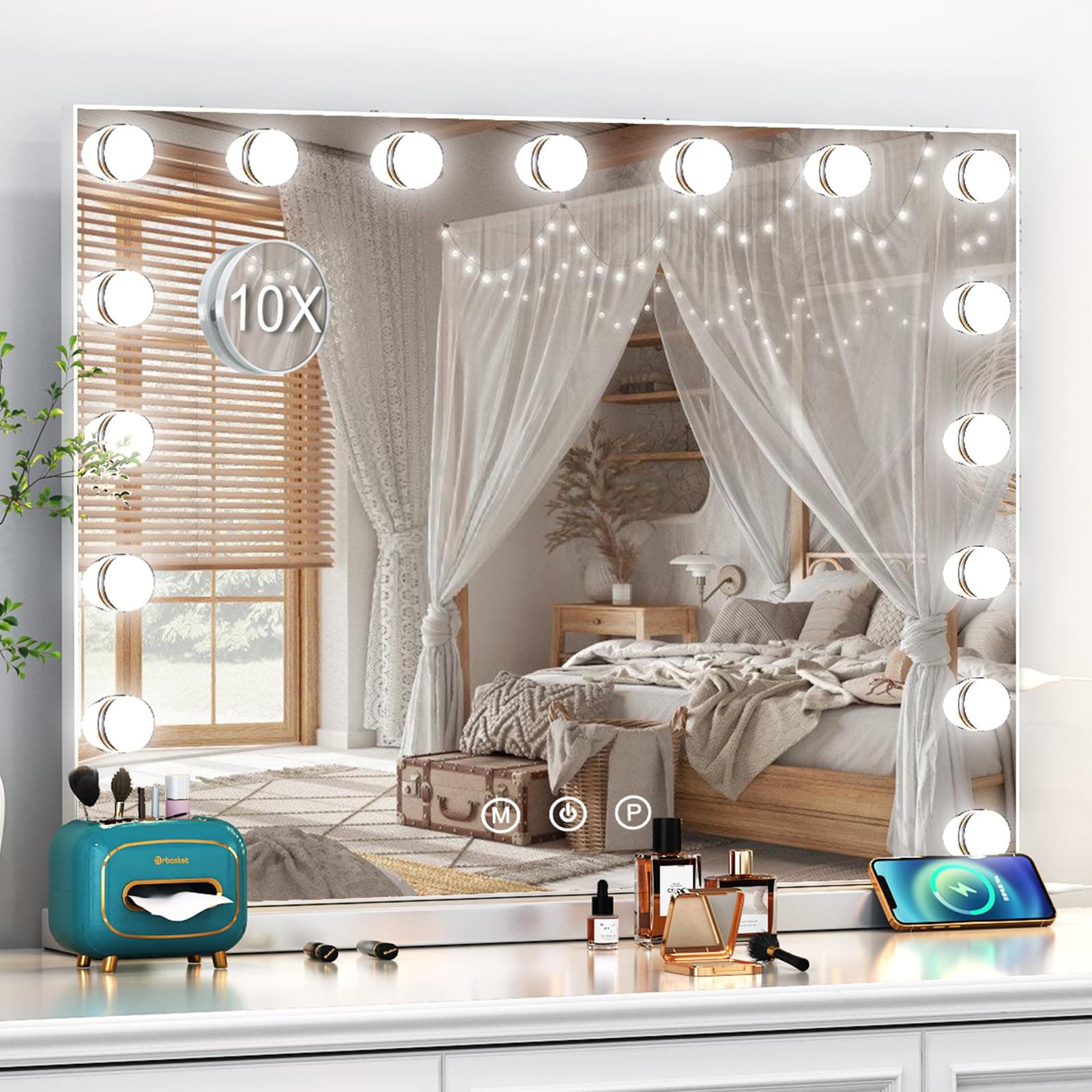 Hollywood Vanity Mirror with 17 Dimmable Bulbs, LED Makeup Mirror with 3 Color Modes, Smart Touch Mirror with Adjustable Brightness, Tabletop 80 x 60 cm (White)