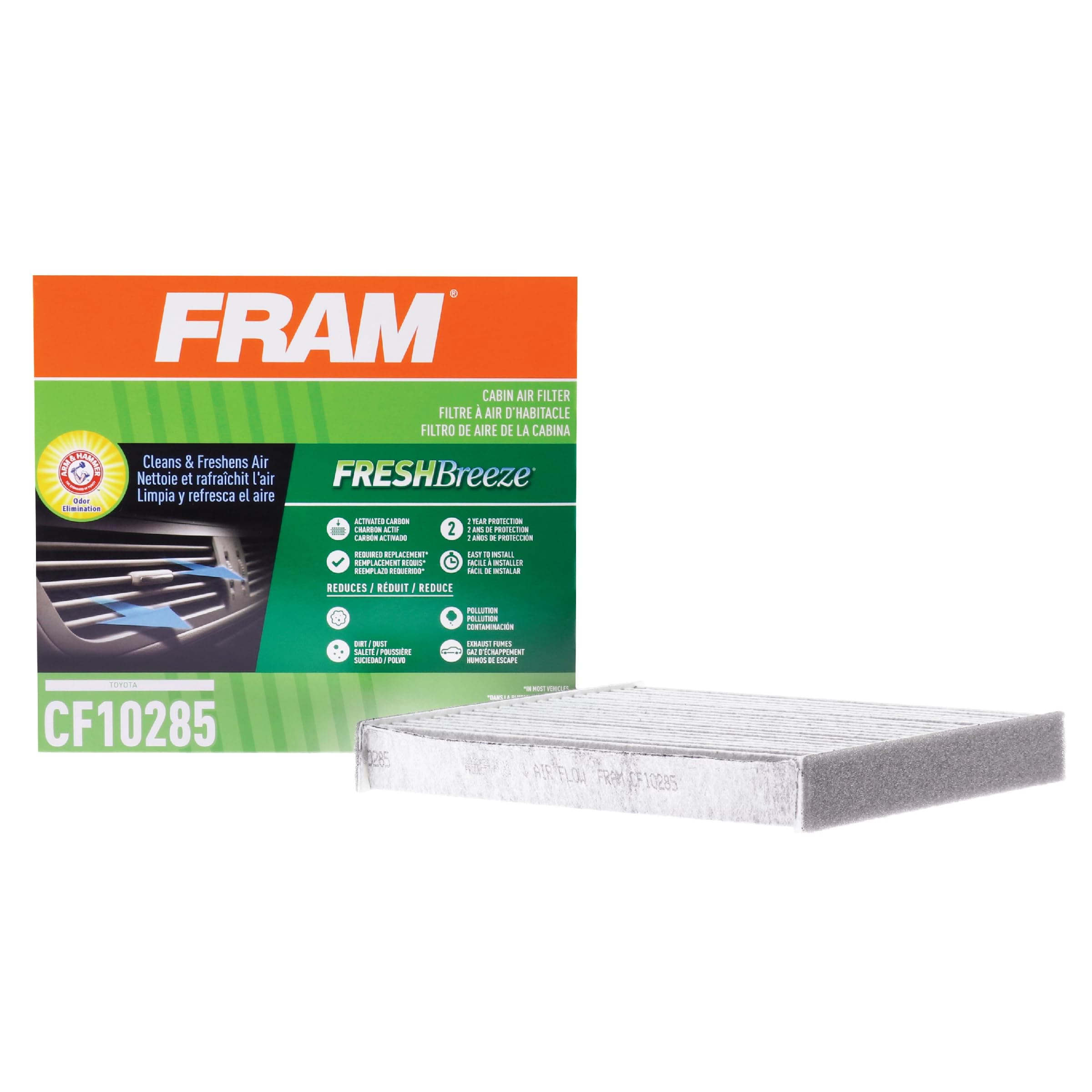 FRAM Fresh Breeze Cabin Air Filter Replacement for Car Passenger Compartment w/Arm and Hammer Baking Soda, Easy Install, CF10285 for Toyota Vehicles , white