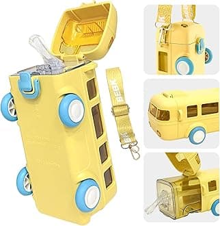 PLUSPOINT Silicone Bus Shape Water Bottle For Kids With Strap Leak-Proof Cartoon Water Bottle With Wheels (Color-Yellow), 500 ML