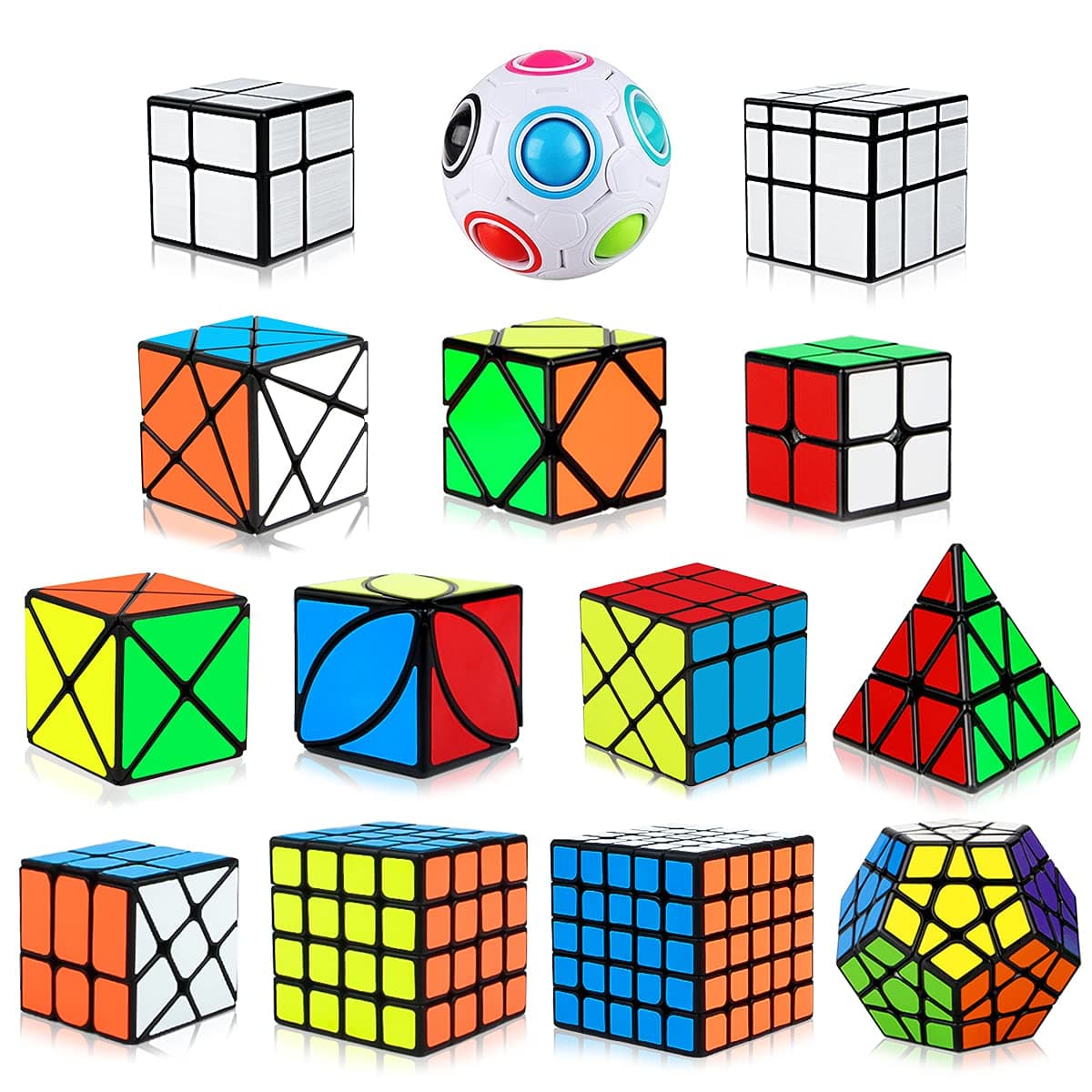 Dreampark Speed Cube Set, 14 Pack Cube Bundle 2x2 4x4 5x5 Megaminx Pyramid Skew Ivy Windmill Fisher Axis Dino Mirror Cube Magic Rainbow Ball Sticker Cube Puzzle Collection for Kids