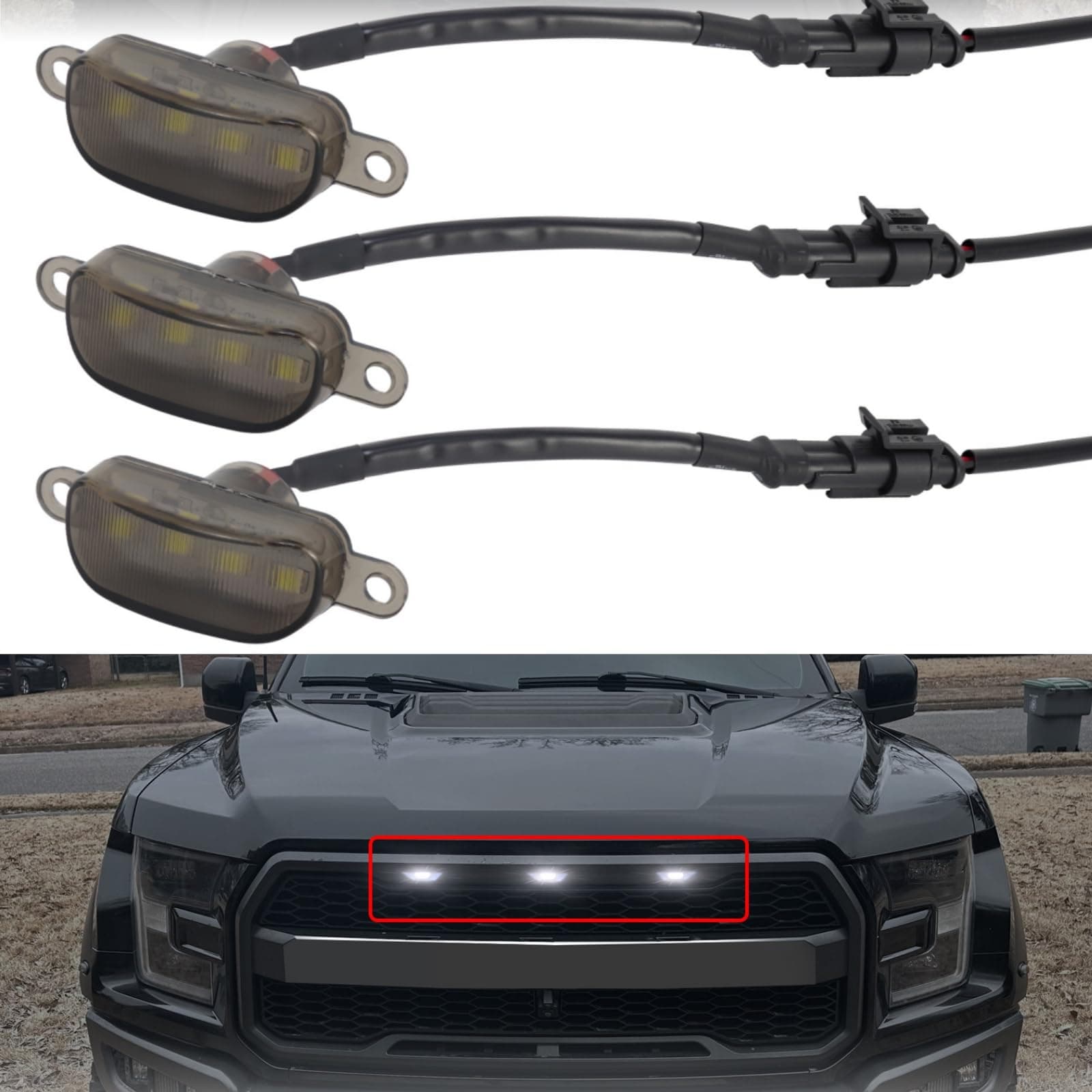 3PCS White LED Front Grille Lights for 2004-2019 Ford F150 Raptor Style Aftermarket Grill, with Harness and Fuse Accessories