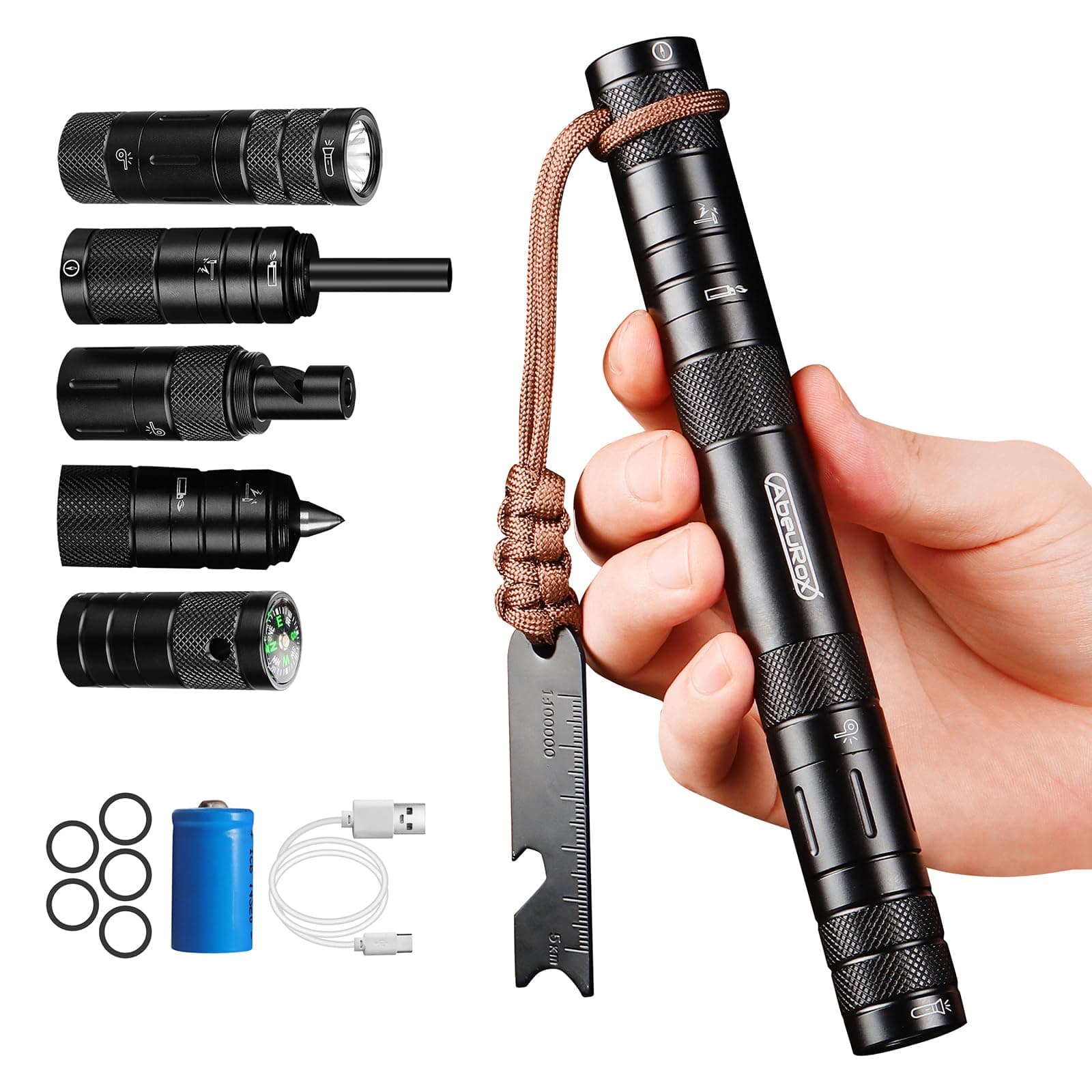 All in 1 Camping Survival Kits with LED Flashlight, Fire Starter, Whistle, Glass Breaker, Compass, Paracord, Tactical Survival Multitool, EDC, Stocking Stuffers and Gifts for Men Women