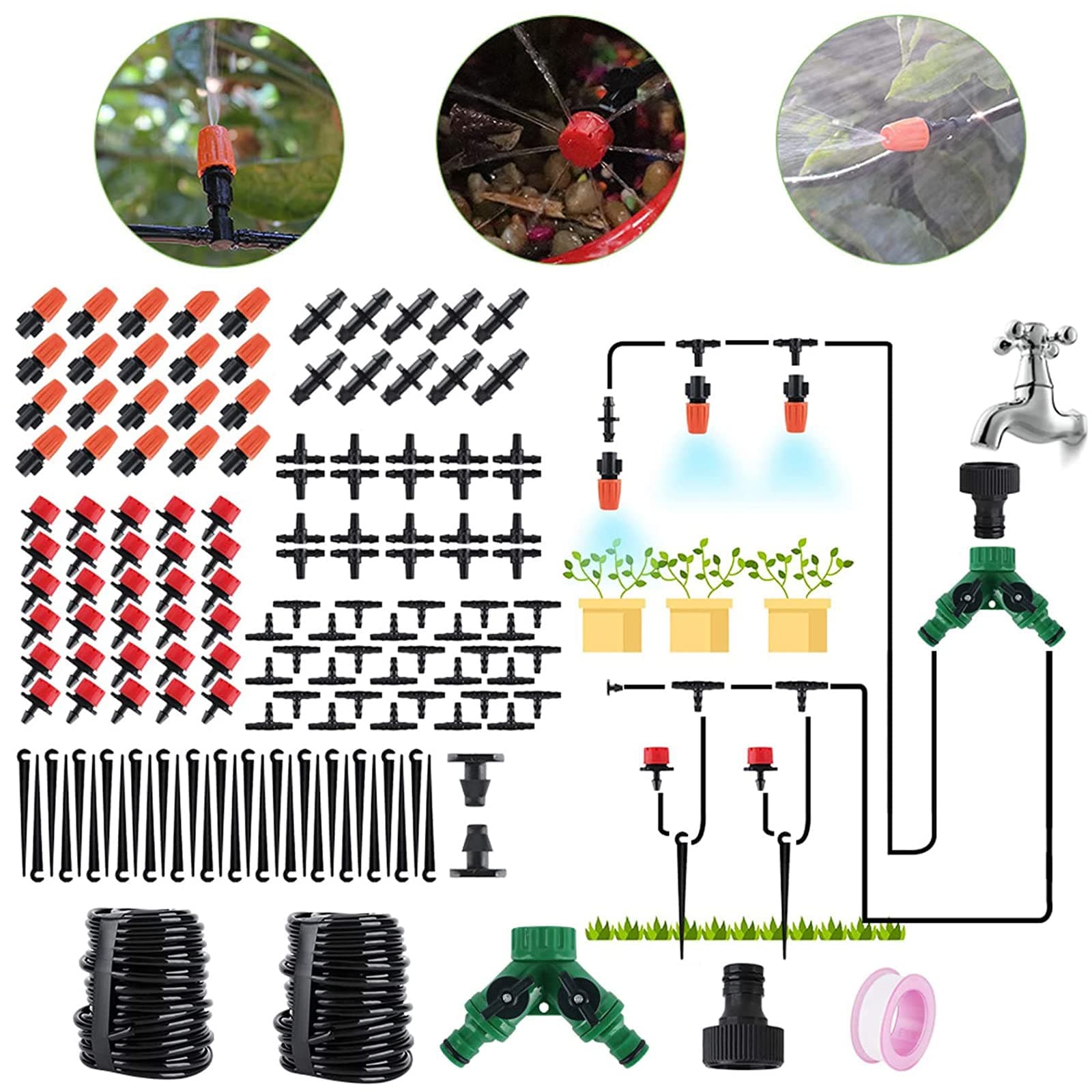 BORUIT 30M DIY Auto Drip Irrigation Kit,100FT Irrigation Pipe, Irrigation Sprinklers,Great Drip Watering System Garden Plant Watering Devices for Flower Bed, Patio, Garden Greenhouse Plants