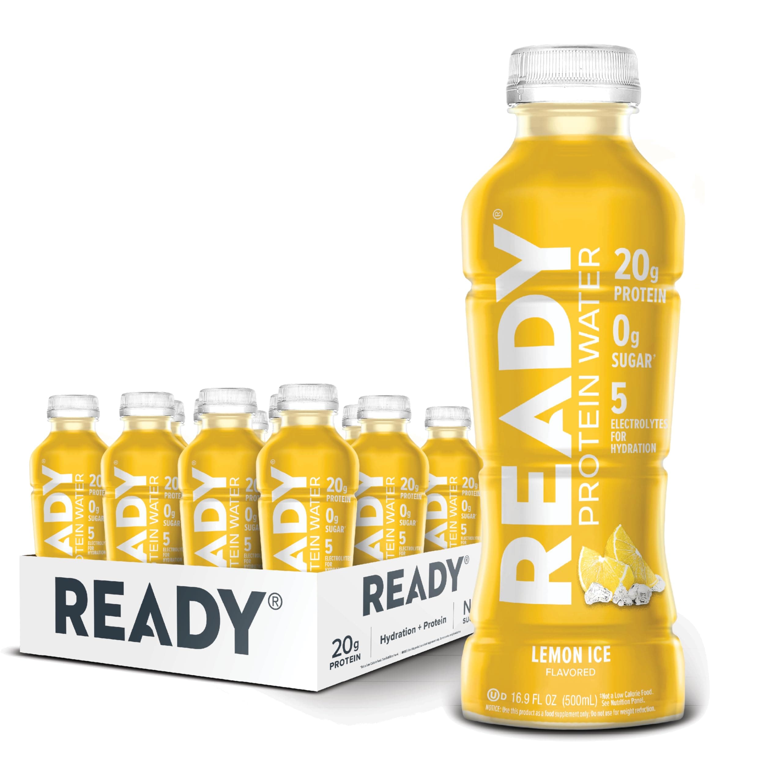 Ready® Clear Protein Water – 20g Whey Protein Isolate, Zero Sugar, Low-Calorie Sports Drink for Hydration & Recovery – Electrolytes, Essential Amino Acids – Lemon Ice, 16.9 fl oz Bottles (12-Pack)