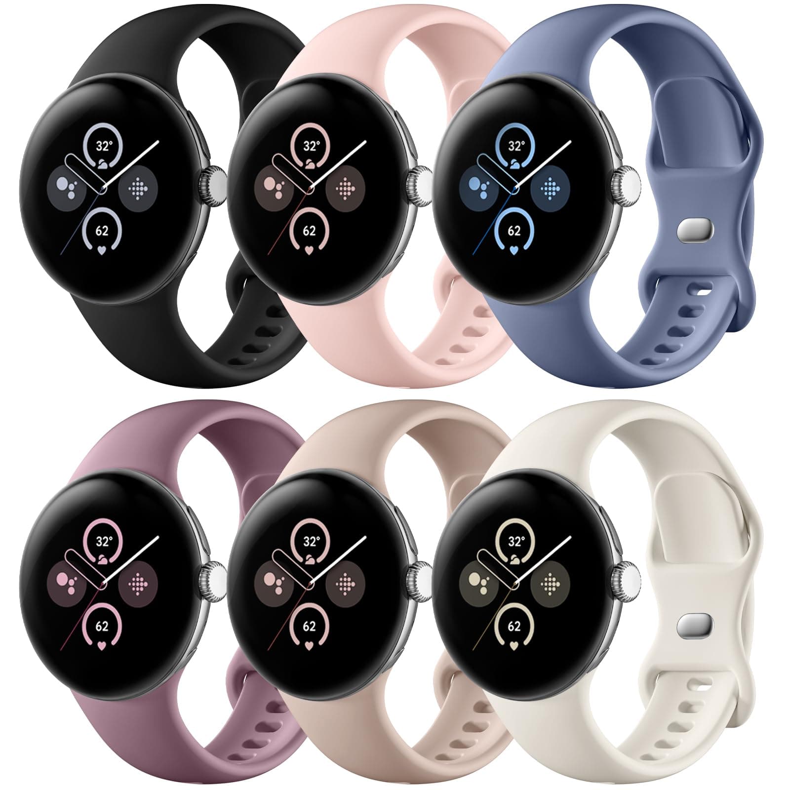 Maledan Compatible with Google Pixel Watch 3 45mm Band/Google Pixel Watch 2 3 1 41mm Band for Women Men, 6 Pack Soft Silicone Waterproof Sport Wristbands Replacement Straps for Pixel Watch Accessories