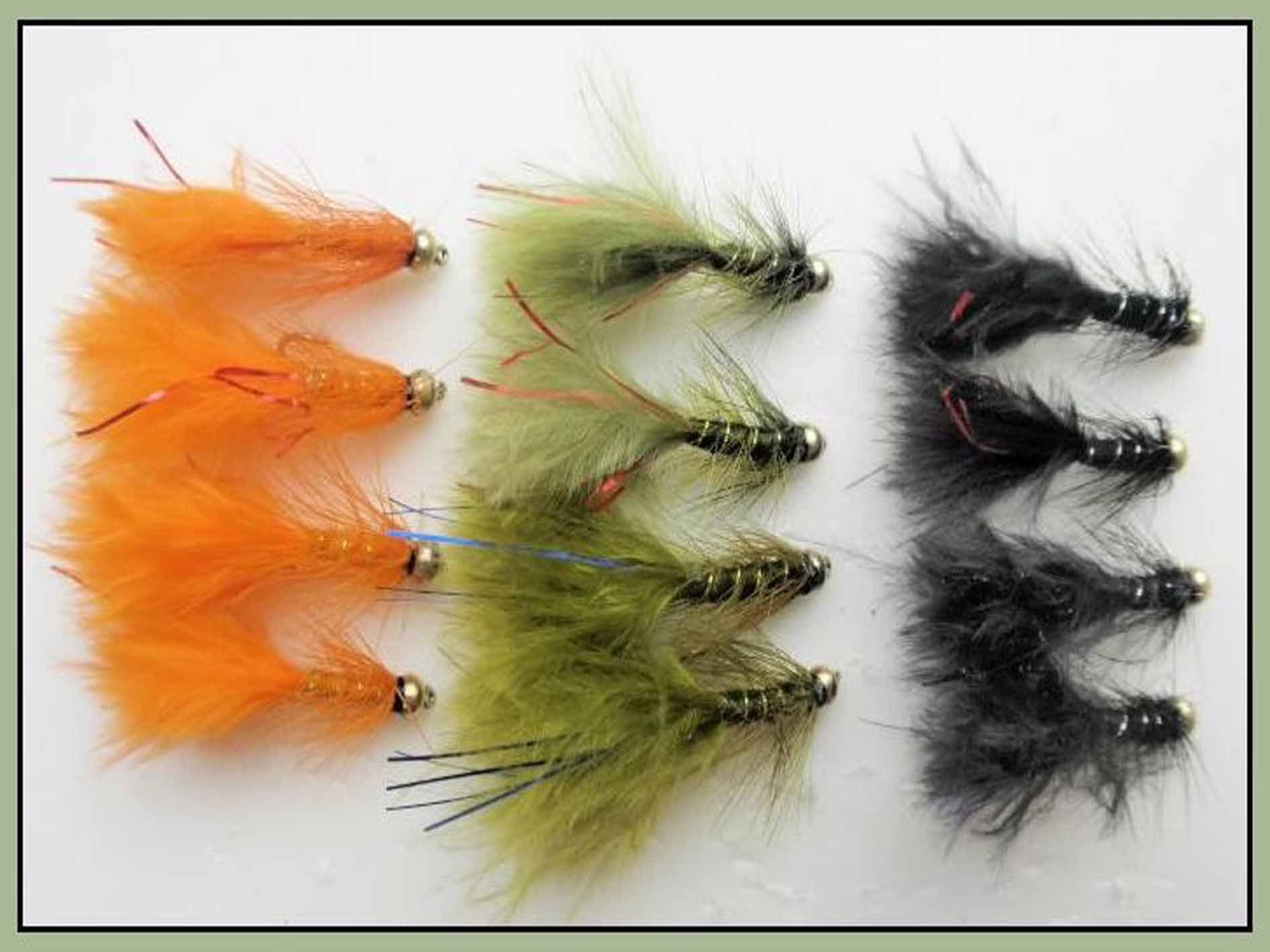 Trout Flies, 12 Per pack, Gold Head Flash Damsel, Orange, Olive & Black, Fly Fishing Size 10
