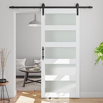 COSHOMER 36in x 96in Glass Barn Door with 6.6ft Barn Door Hardware Kit & Handle, Pre-Drilled Holes Easy Assembly -Solid Barn Door Slab Covered with Water-Proof PVC Surface, White, 5 Panel