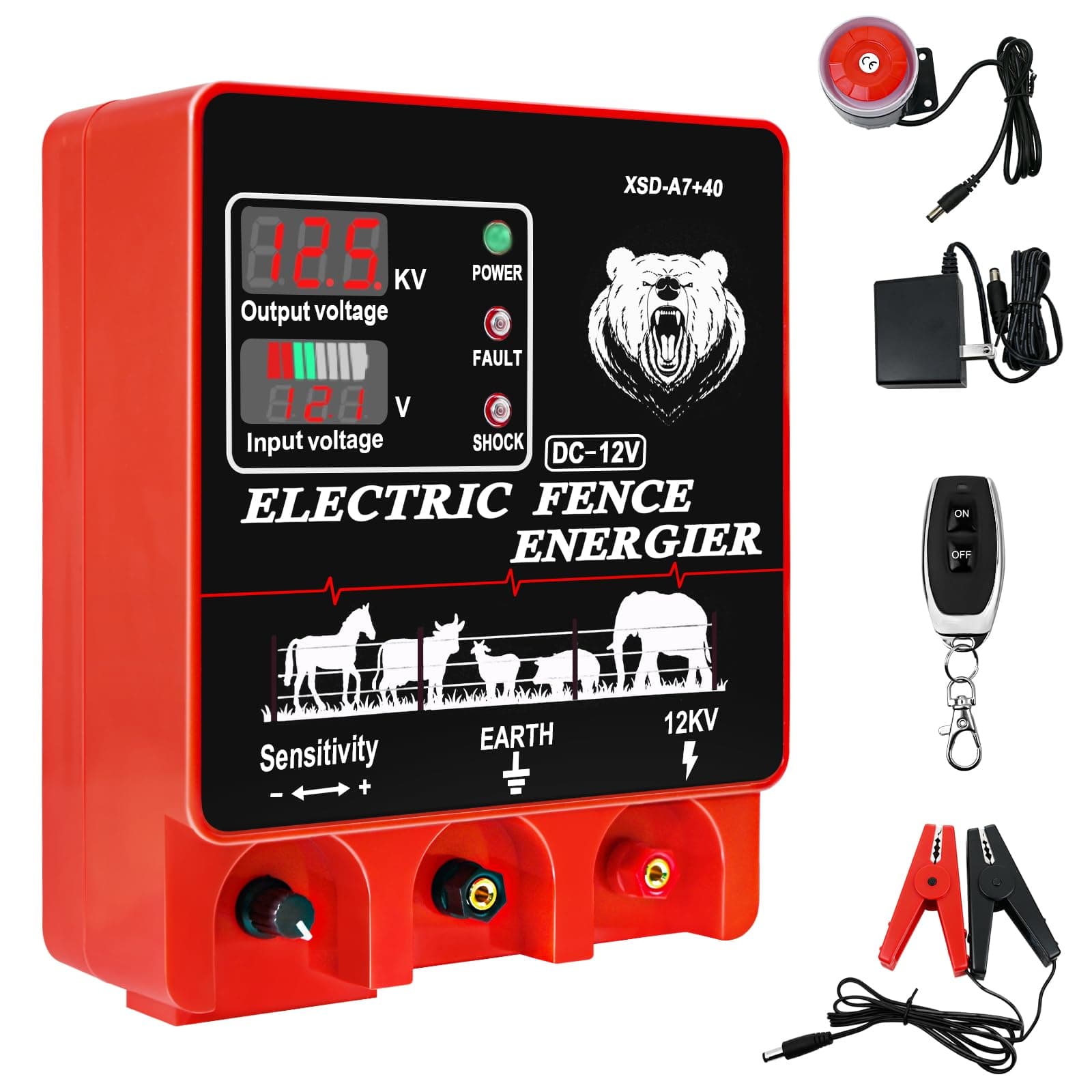 9J Electric Fence Charger Energizer, 9 Joules 20 Miles Plug-in Fencer, AC 110-240V/DC 12V, 12KV High Output Voltage, with Display Alarm and Remote, Deter Predators, Contain Cattle Horses and Livestock