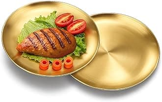 AMERTEER 2 Pack Gold Stainless Steel Salad Plates -10 Inch Gold Stainless Steel Plates, Round Metal Dinner Plates, Reusable Gold Dinnerware For Serving Metal Plates Snack plate Camping Plate Nut plate