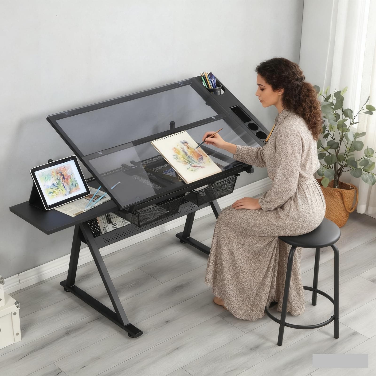 Drafting Table, 0-75° Tilting Glass Tabletop Drawing Table with Stool - Adjustable Height Art Desk with Multi-Storage for Sketching and Painting - Perfect for Artists and Hobbyists, Black