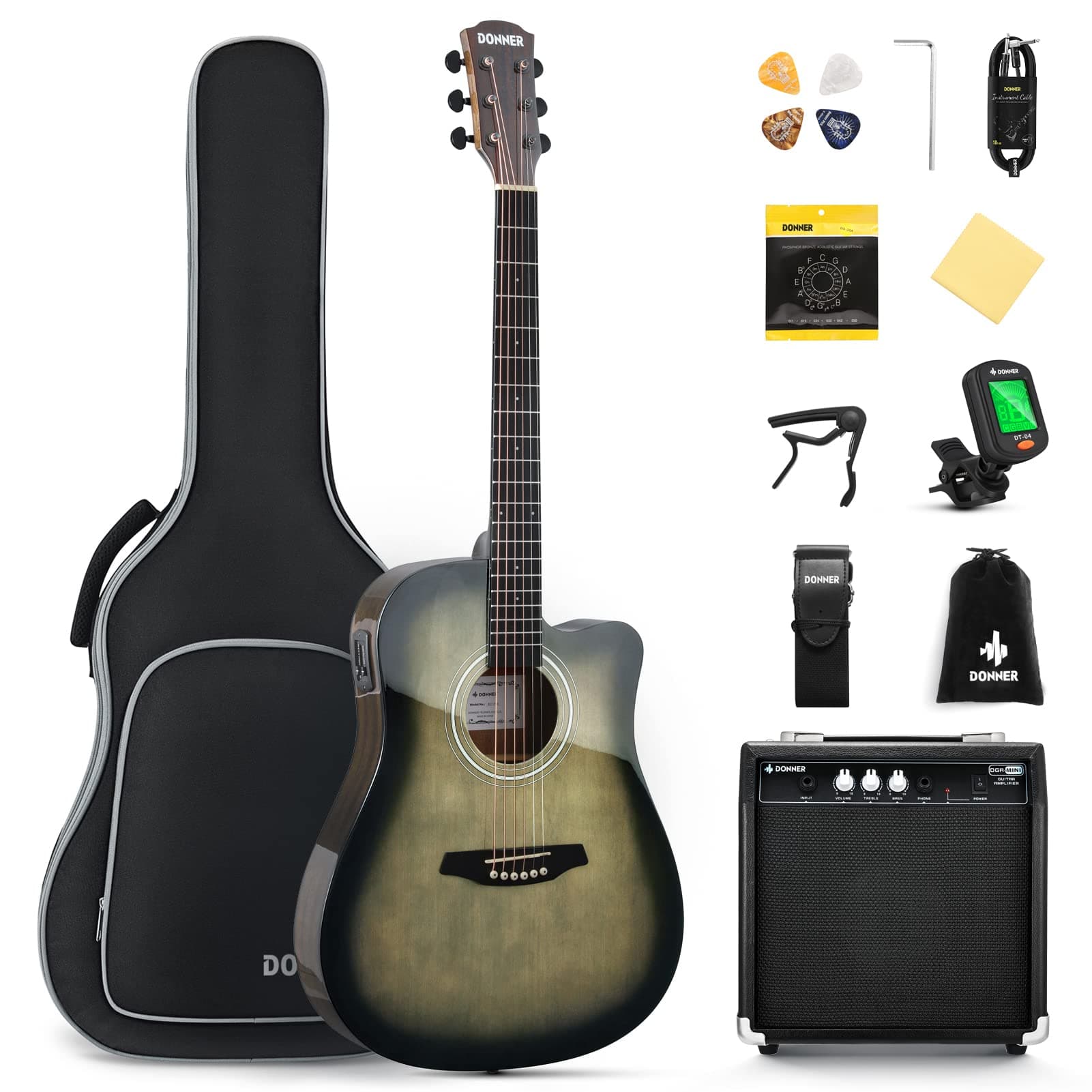 Donner Acoustic Electric Guitar Full Size Kit for Beginner Intermediate with Amplifier Capo Pick Tuner Strings Strap - 41 Inch