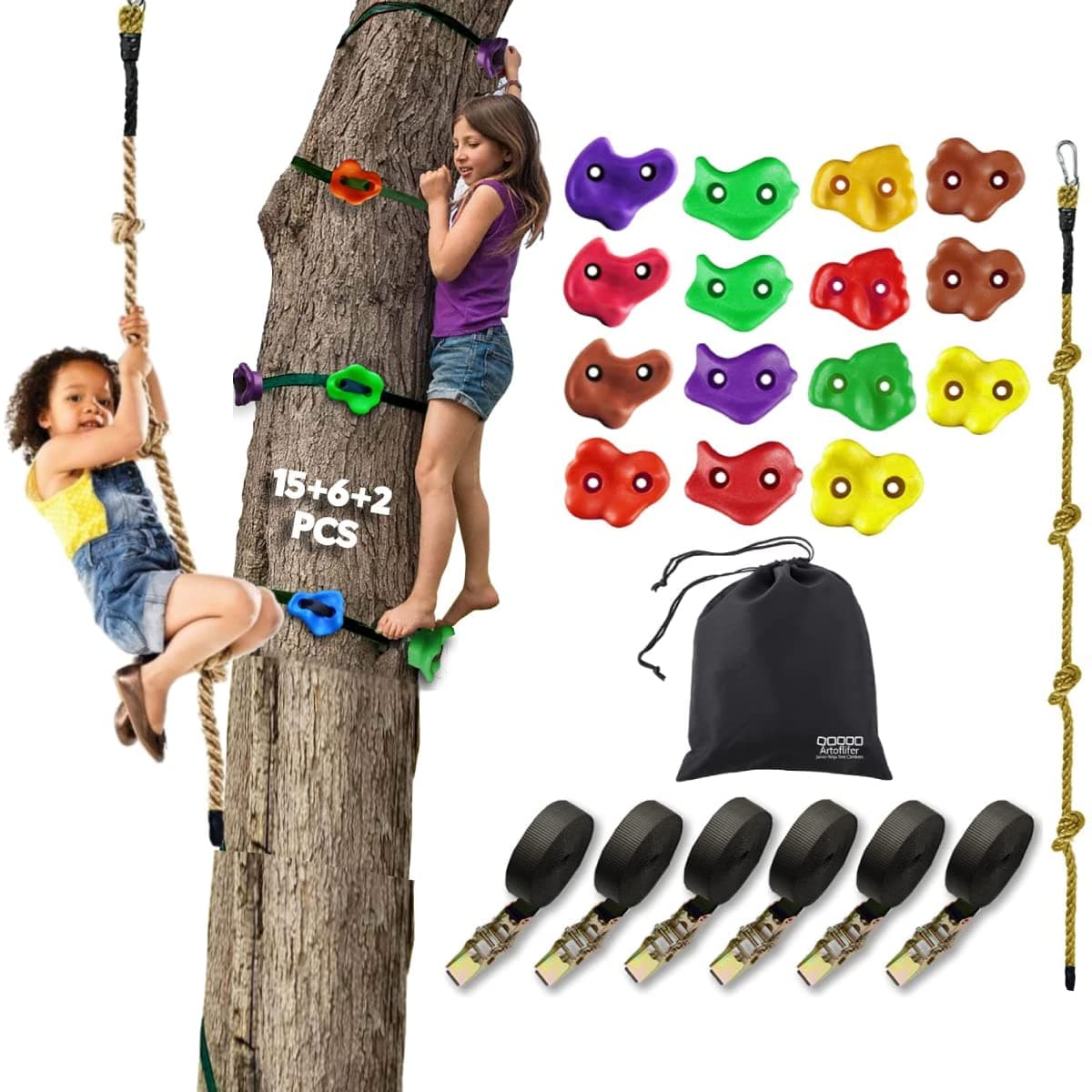 Junior Ninja Tree Climbers Climing Holds for Trees, 15 Climbing Rocks with 6 Ratchet and Straps Climbing with Kids Tree Climbing Rope, Ninja Warrior Obstacle Course Outdoor
