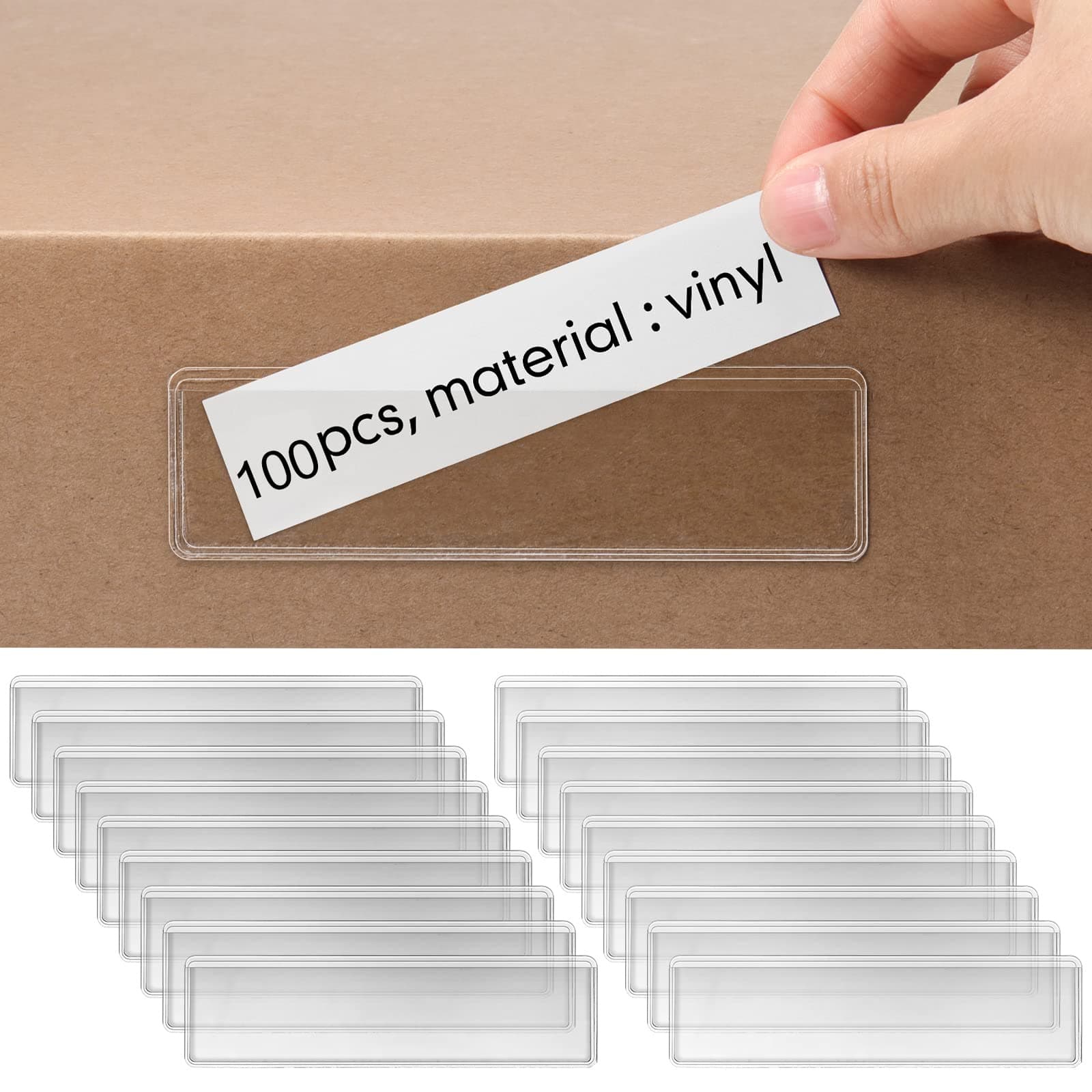 Label Holders Adhesive Shelf Tag 1.2 x 4.3 Inch Clear Shelf Tag Index Card Pockets Plastic Drawers File Cabinet Storage Bins Label Holder for Supermarket Bookshelf Mailbox Business Kitchen (100 Pack)