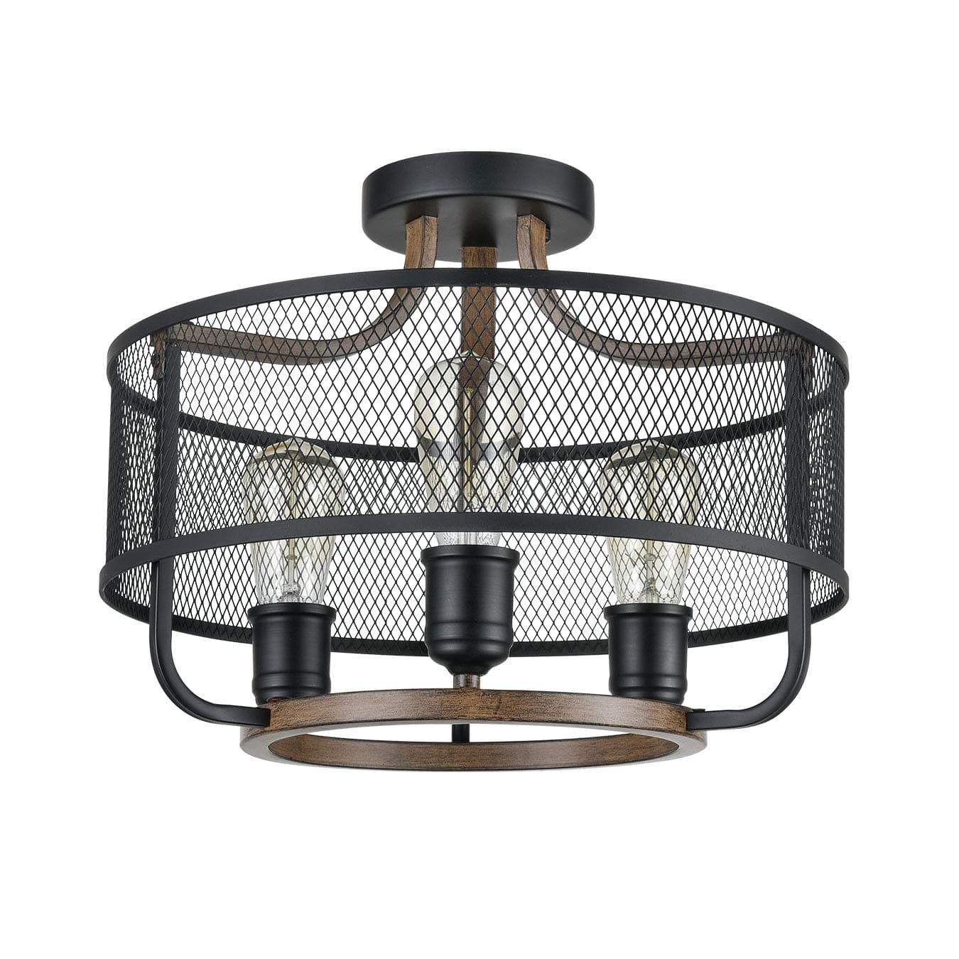 Industrial Black Semi Flush Mount Ceiling Light Metal Mesh Drum Shade with Wood Finish