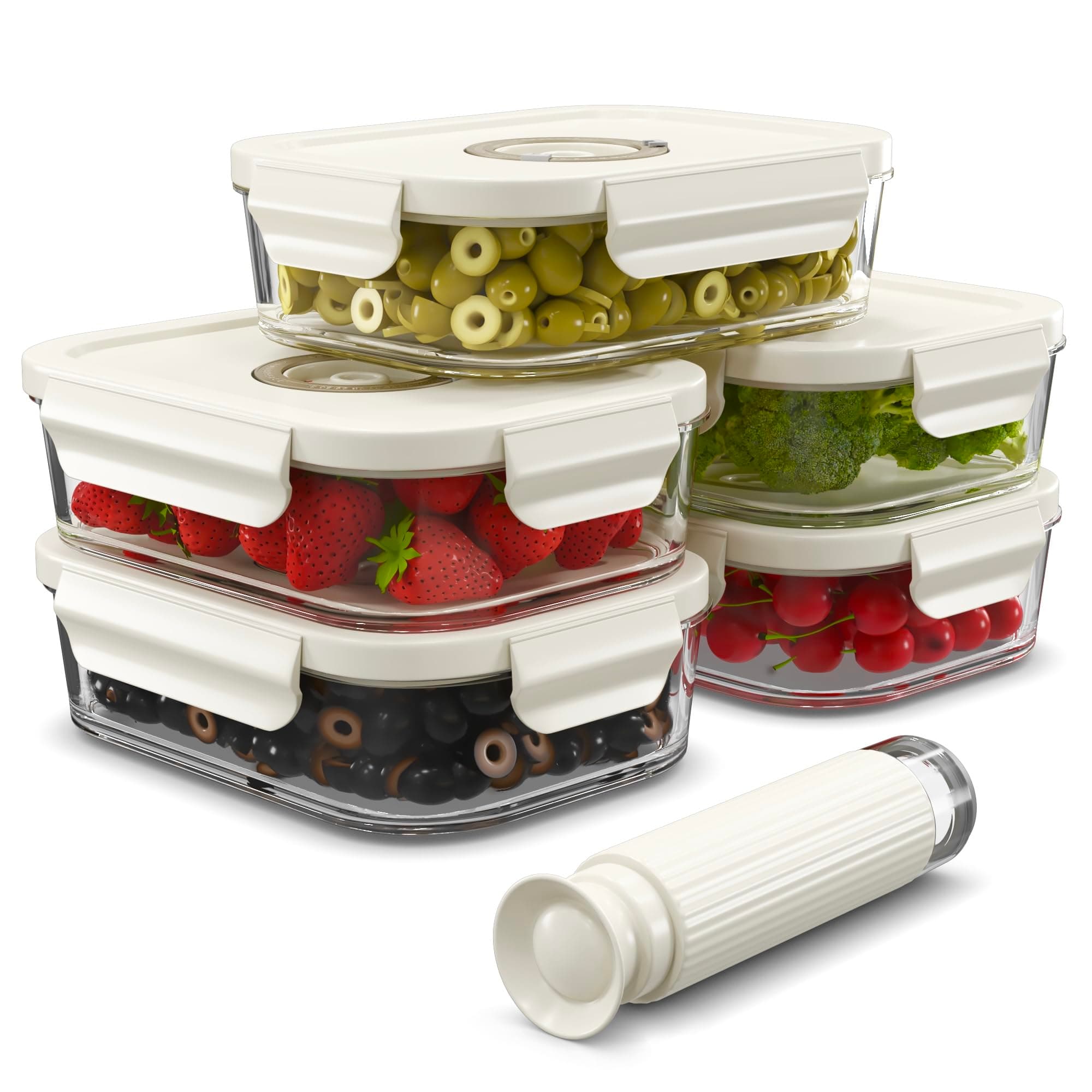 5 Pack 1040ml Glass Meal Prep Containers with Date Tracker & Pump - Airtight Containers with Lids - Glass Food Storage Containers Oven,Microwave and Fridge/Freezer Safe - Leak Proof