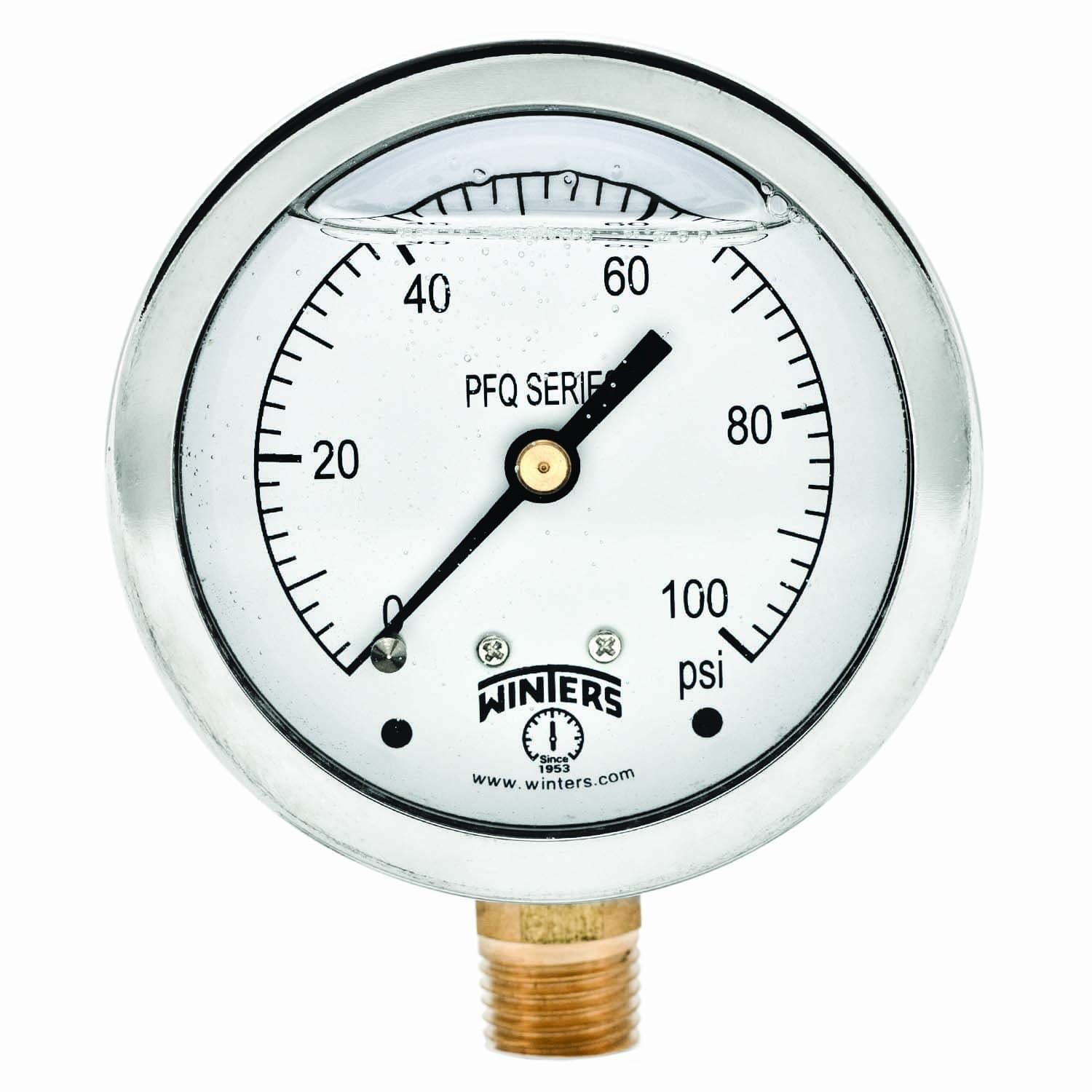 Winters 2-1/2" Dial Size, Liquid Filled Industrial Pressure Gauge, Brass Internals, 304 Stainless Steel Case, Single Scale 0-100 psi, 1.5% Acc, 1/4" NPT Bottom Mount, Glycerin Filled Pressure Gauge