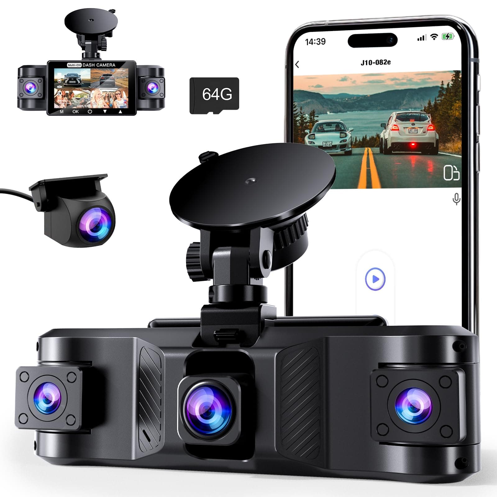 4 Channel 2.5K Dash Cam Front Rear Left Right, 170° Wide Angle Car Dash Camera with 5GHz WiFi & App Control, G-Sensor, Super Night Vision, 24H Parking Monitor, Loop Recording, 64GB SD Card Included