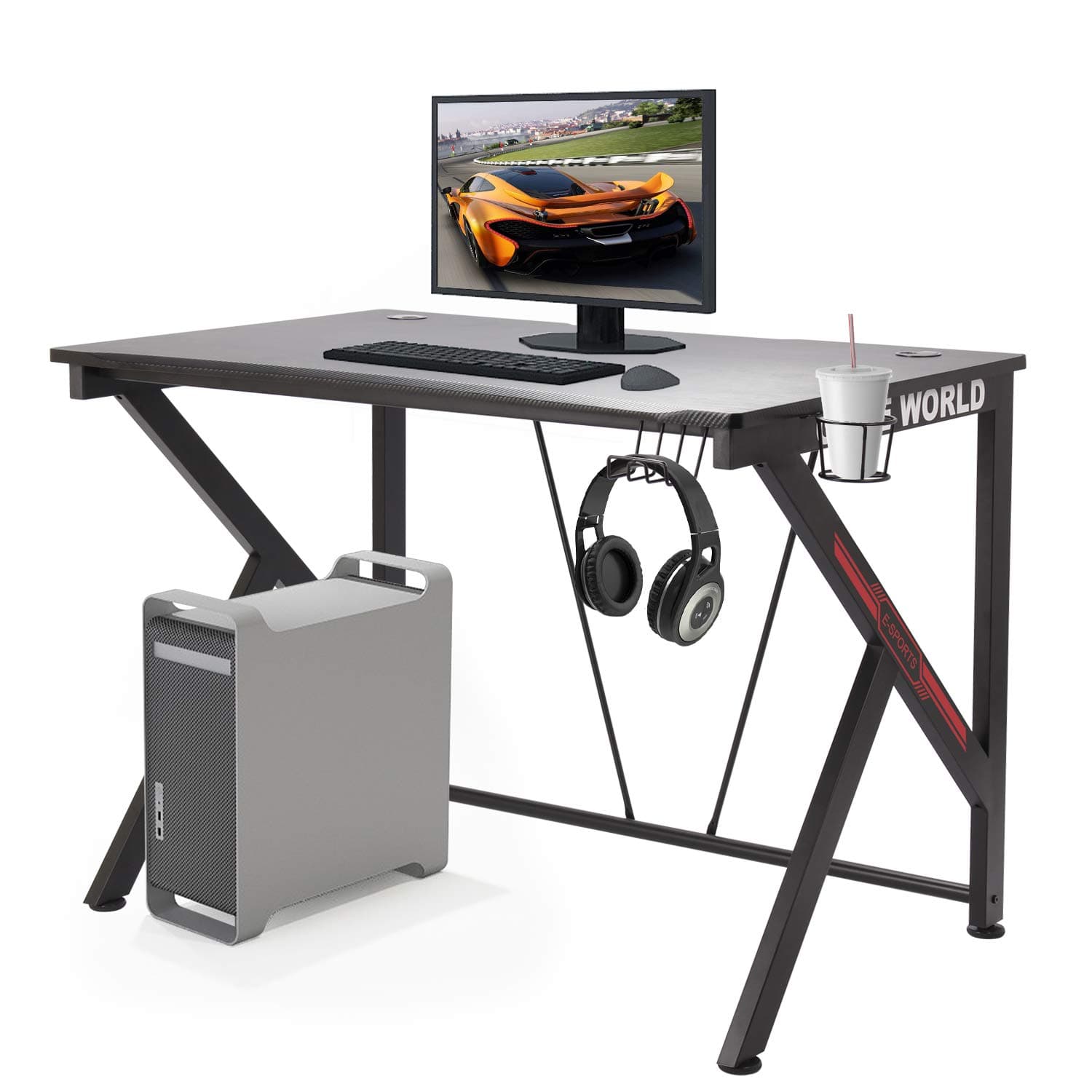 COZUHAUSE K-Shaped Computer Gaming Desk 42.12" Black Carbonized Pattern with Shelf for Plug Board,Headphone Hook,2 Wire Take-up Hole and Cup Holder Gaming Table Workstation
