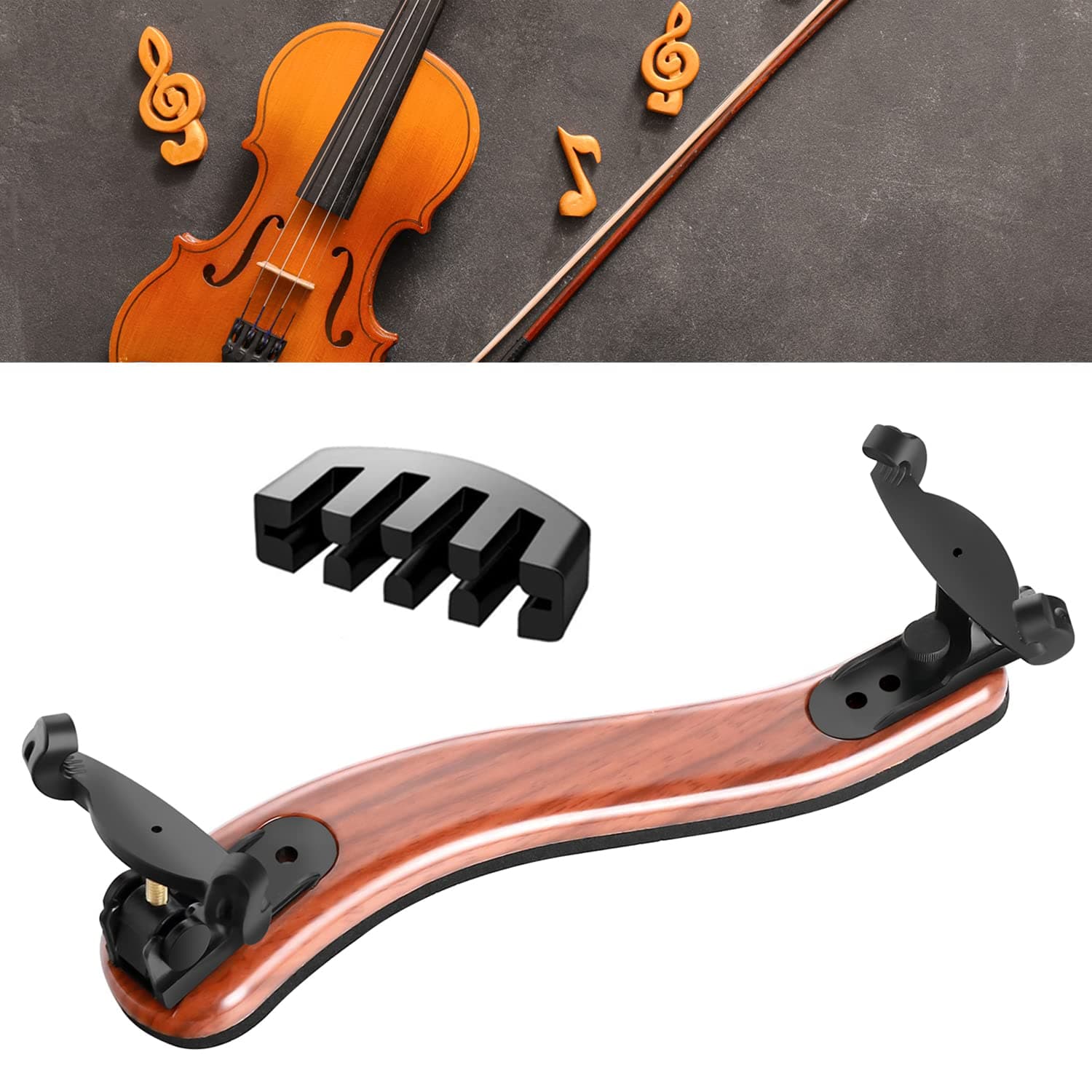 Violin Shoulder Rest for 4/4 and 3/4 Size, [Imitation Wood Grain] Violin Shoulder Rest with Comfortable Foam Pad & Height Adjustable Feet