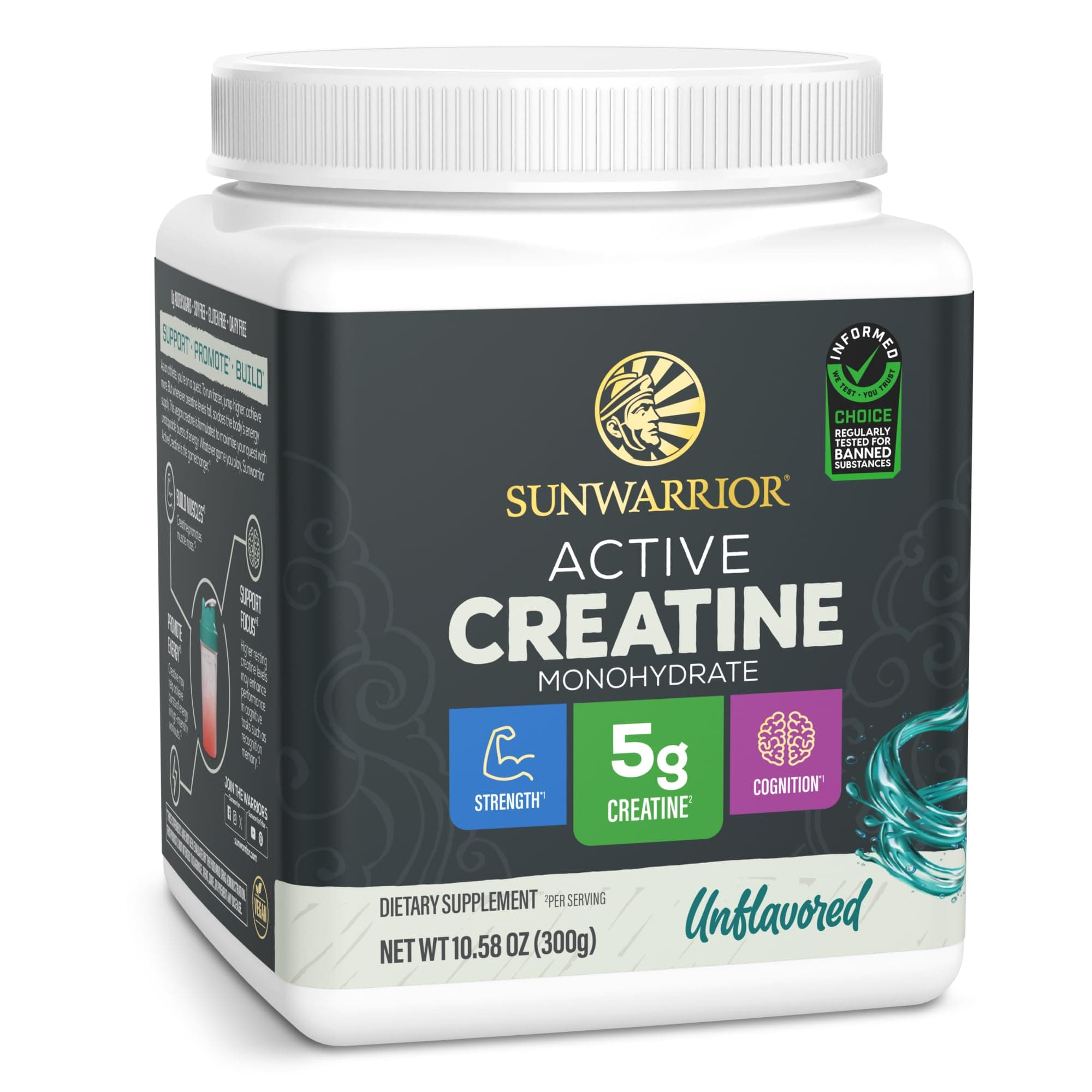 Sunwarrior Active Creatine Monohydrate Powder | Support Brain & Cognition - Promote Strength - Build Muscle Mass | Micronized & Easily Mixes 300g Tub (60 Serve) | Unflavored Vegan Keto Friendly