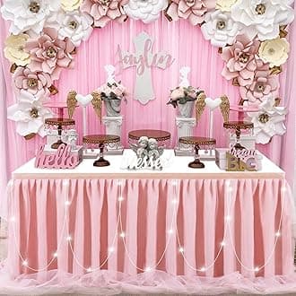 Dust Rose Table Skirt Baby Shower Table Cloth 6ft Tulle LED Table Cover for Wedding Birthday Party Cake Dessert Table Decorations