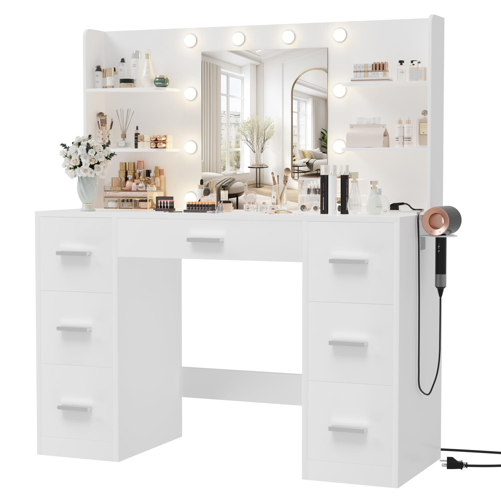 Furmax Dressing Table with Mirror, LED Lights and Power Outlet with 7 Drawers and 6 Storage Shelves for Bedroom (White)