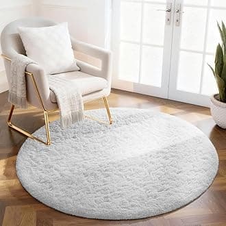 Ophanie Round Rug 4Ft White Circle Area Rug, Aesthetic Room Decor, Fluffy Fuzzy Bedroom Carpet, Plush Soft Shaggy Living Room Rugs for Kids Home Decor, Nursery