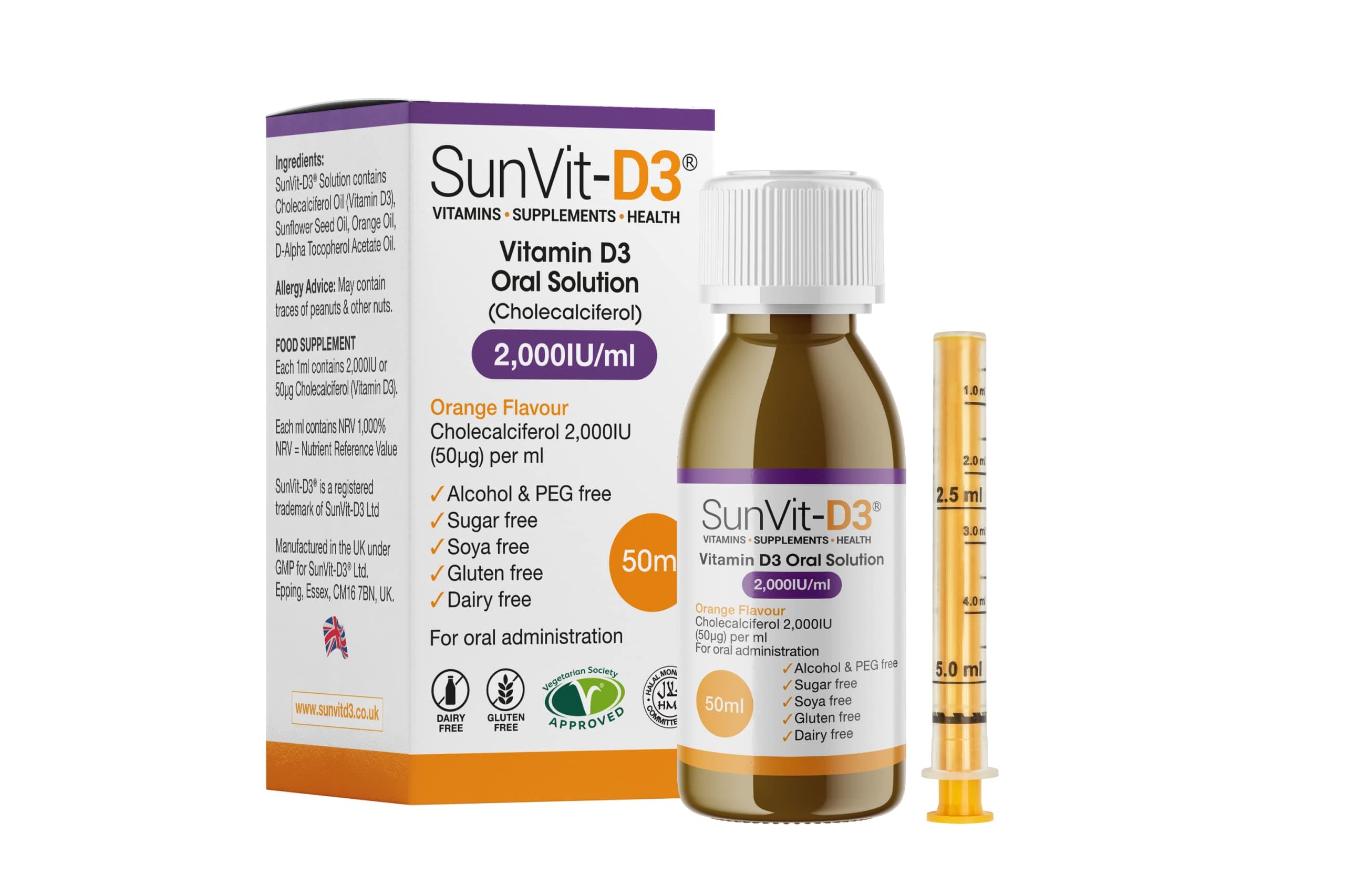 SunVit-D3 Vitamin D3 2000IU Oral Solution - Vitamin D for Kids | Cholecalciferol Vitamin D Drops Baby | Supports Bone, Teeth, Muscle & Immune System (50ml Orange Flavor)