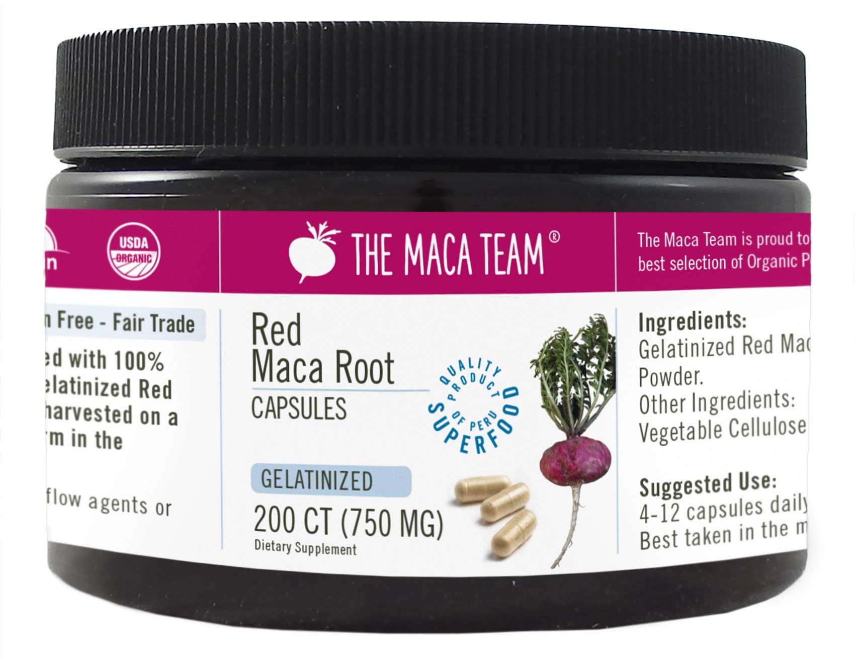 Gelatinized Red Maca Root Capsules - 750 Mg, 200 Ct - Certified Organic, Fresh Harvest from Peru, Fair Trade, GMO-Free, Gluten Free and Vegan