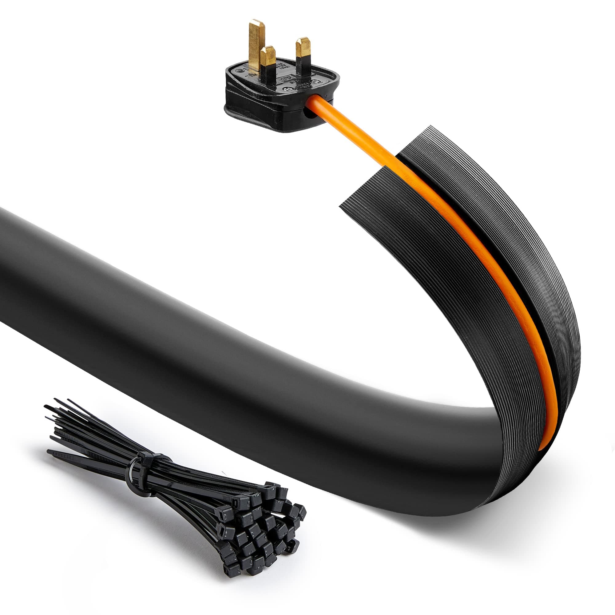 Floor Cable Cover Protector with Pack of Cable Ties | Medium Duty Wire Cover with Non-Slip Base, Protect Cables & Prevent Trip Hazards | Ideal for Home, Offices, Retail, Gyms & Garages (2M)