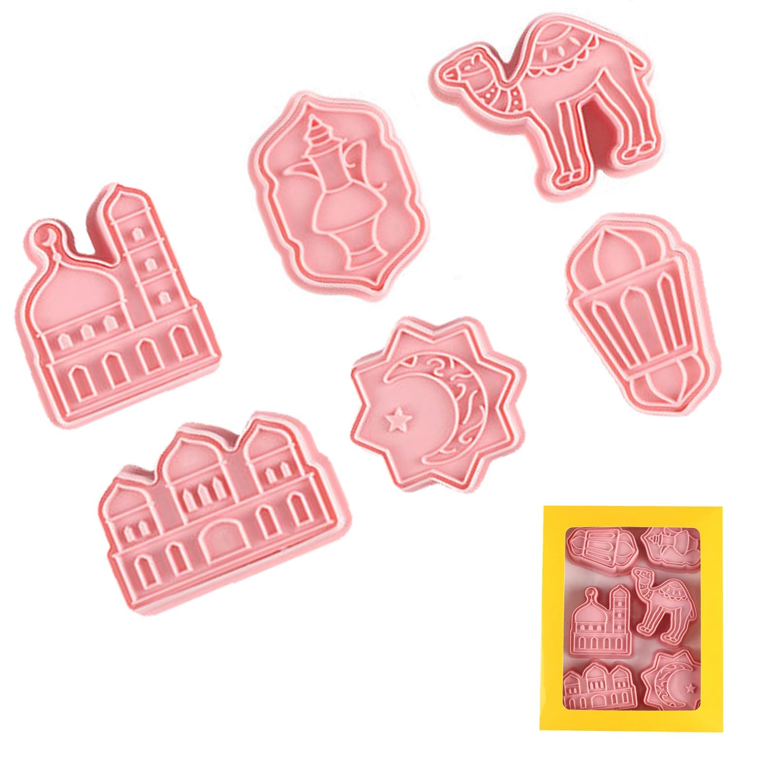 Ramadan Eid Mubarak Cookie Cutters Set - 6pcs for Fondant, Baking, and Cake Decorating - Mosque, Lantern, Camel, Star, Moon, Islamic Star Designs