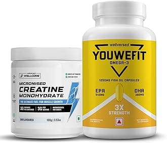Wellcore Creatine with Omega 3 Capsules Triple Strength (Creatine 100g Unflavoured & 60 Capsules Omega) | 1250mg Triple Strength | EPA + DHA | Enhanced Muscle Strength |